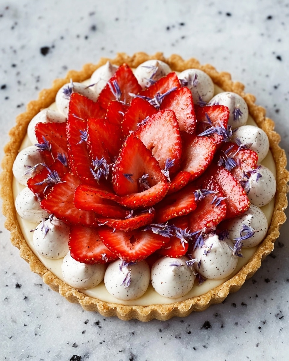 The image shows a tart with a golden-brown crust forming the base layer. On top of that is a layer of white whipped cream, piped in rounded dollops all around the tart edge. The next layer consists of neatly arranged bright red strawberry slices, fanned out from the middle like flower petals, covering the cream completely. There are small purple flower petals sprinkled lightly on and around the strawberries. The tart is placed on a white marbled surface. Photo taken with an iphone --ar 4:5 --v 7