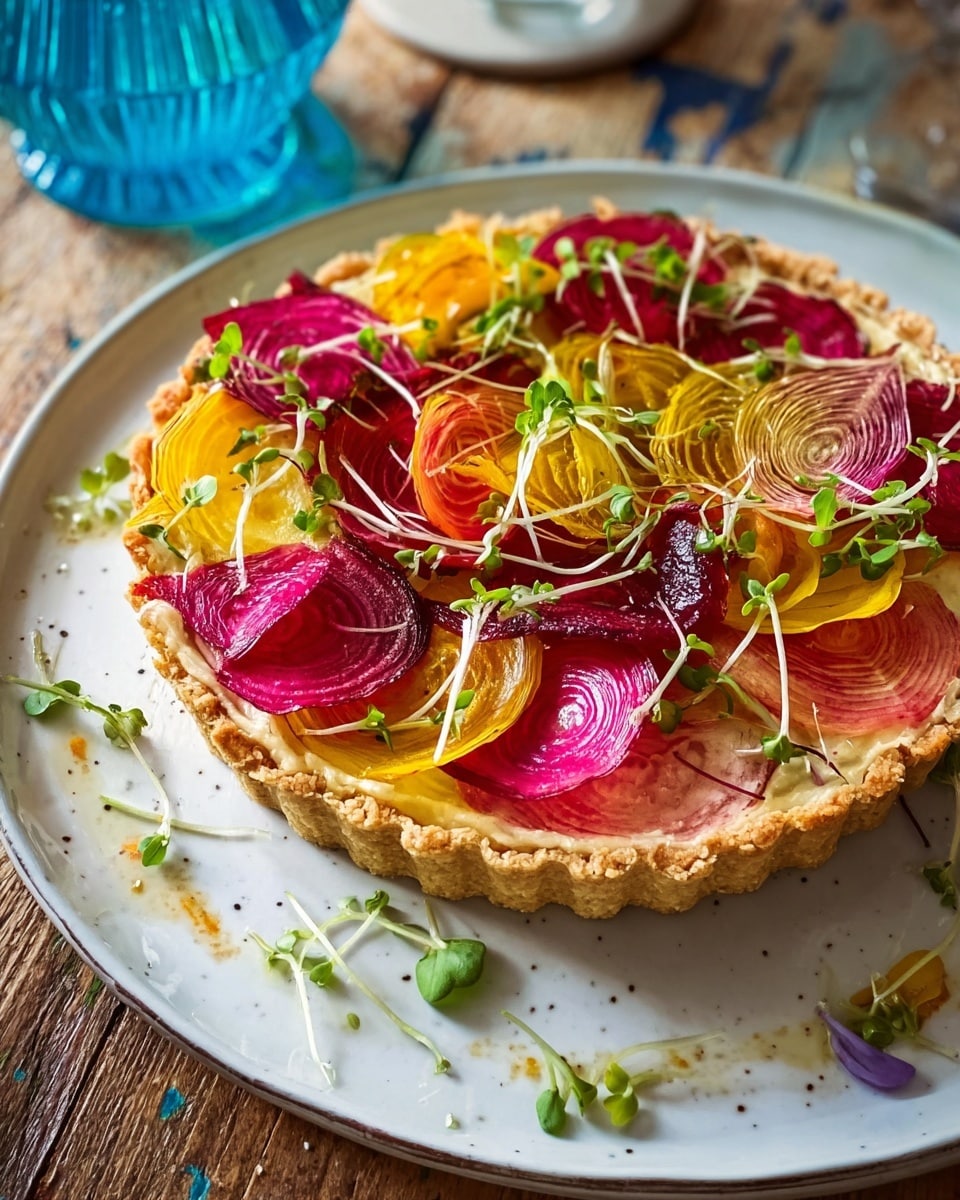 The image shows a colorful tart with one crust layer that looks golden and flaky, set on a white plate with a subtle pattern. Inside the crust, there is a smooth beige filling that creates the base layer. On top, thin slices of red, pink, yellow, and orange vegetables are arranged in a circular pattern, forming multiple delicate layers with varied textures and translucent edges. Bright green sprouts are scattered over the tart, adding tiny pops of color and a fresh, lively look. The scene is set on a white marbled surface, with some colorful decor blurred in the background. Photo taken with an iphone --ar 4:5 --v 7