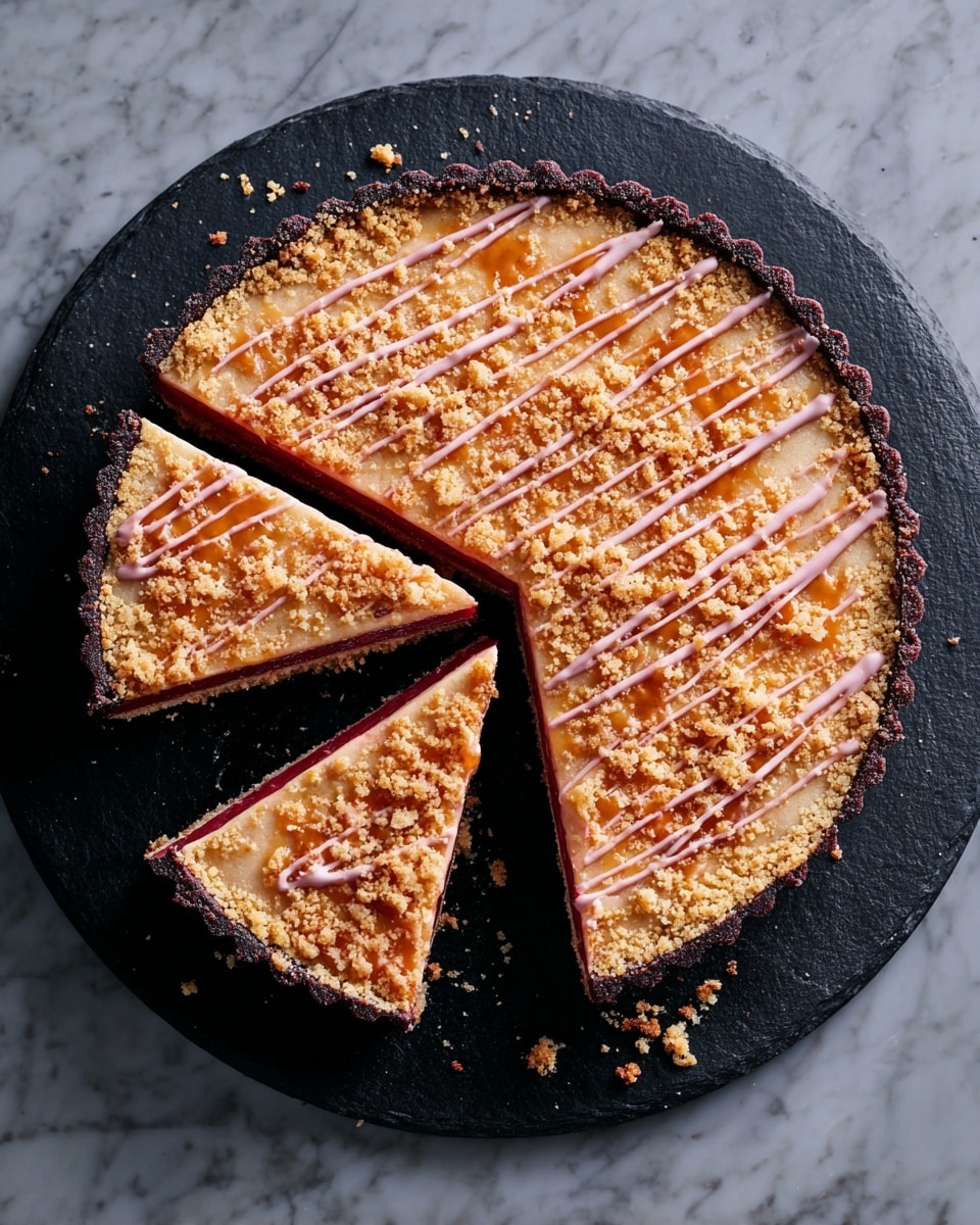 A round tart with five slices on a black plate, each slice showing three layers: a dark brown crust at the bottom, a red middle fruit layer, and a light brown top layer. The top is sprinkled with small crunchy pieces and has a light pink drizzle in lines across it. One slice is slightly pulled out, showing the inside clearly. The plate sits on a white marbled surface. photo taken with an iphone --ar 4:5 --v 7