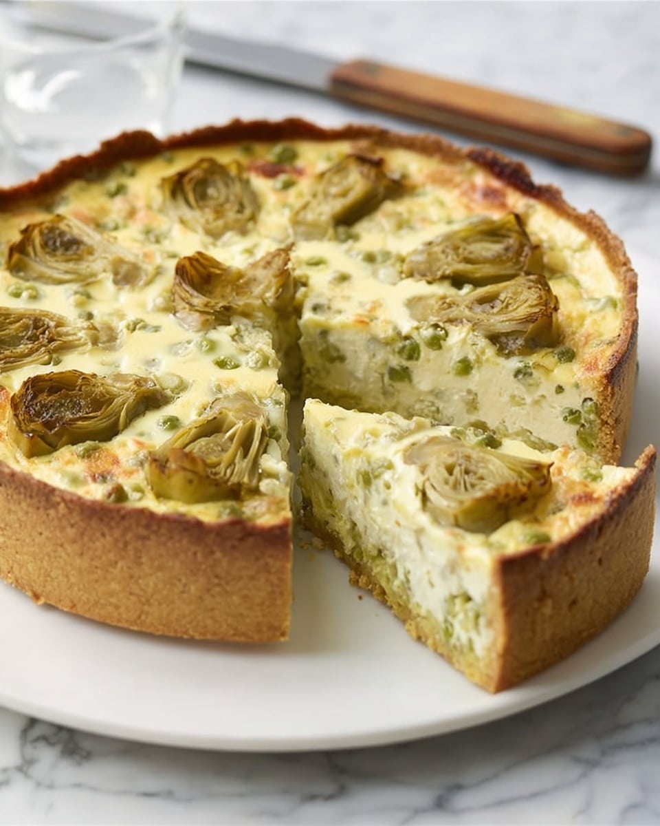A white plate holds a round quiche with a golden-brown crust. The quiche has one slice cut out, showing three layers inside: the bottom crust is thick and crumbly in light brown, the middle filling is pale green with pieces of green vegetables, and the top layer is a creamy, light yellow with halved artichoke hearts placed evenly on top. The edges of the crust are fluted, and a woman’s hand is holding the cut slice with a fork that has a wooden handle. The white marbled surface is beneath the plate, with stacked white dishes in the background. Photo taken with an iphone --ar 4:5 --v 7