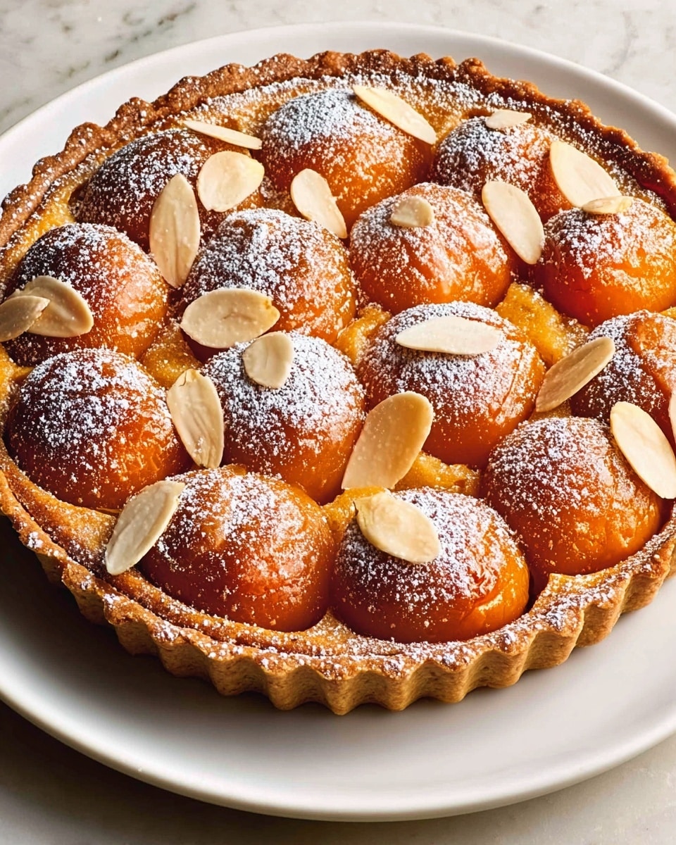 A white tart plate holds a round fruit tart with a golden brown crust. The tart has a single thick crust layer with a slightly raised edge and a smooth, baked surface. Large, soft peach halves sit evenly inside the crust, arranged in two rows, showing a warm orange color and soft texture. The tart is dusted generously with white powdered sugar, covering the fruit and crust. Thin, light tan almond slices are scattered over the top, adding a slight contrast in color and texture. The dessert is placed on a white marbled surface. photo taken with an iphone --ar 4:5 --v 7
