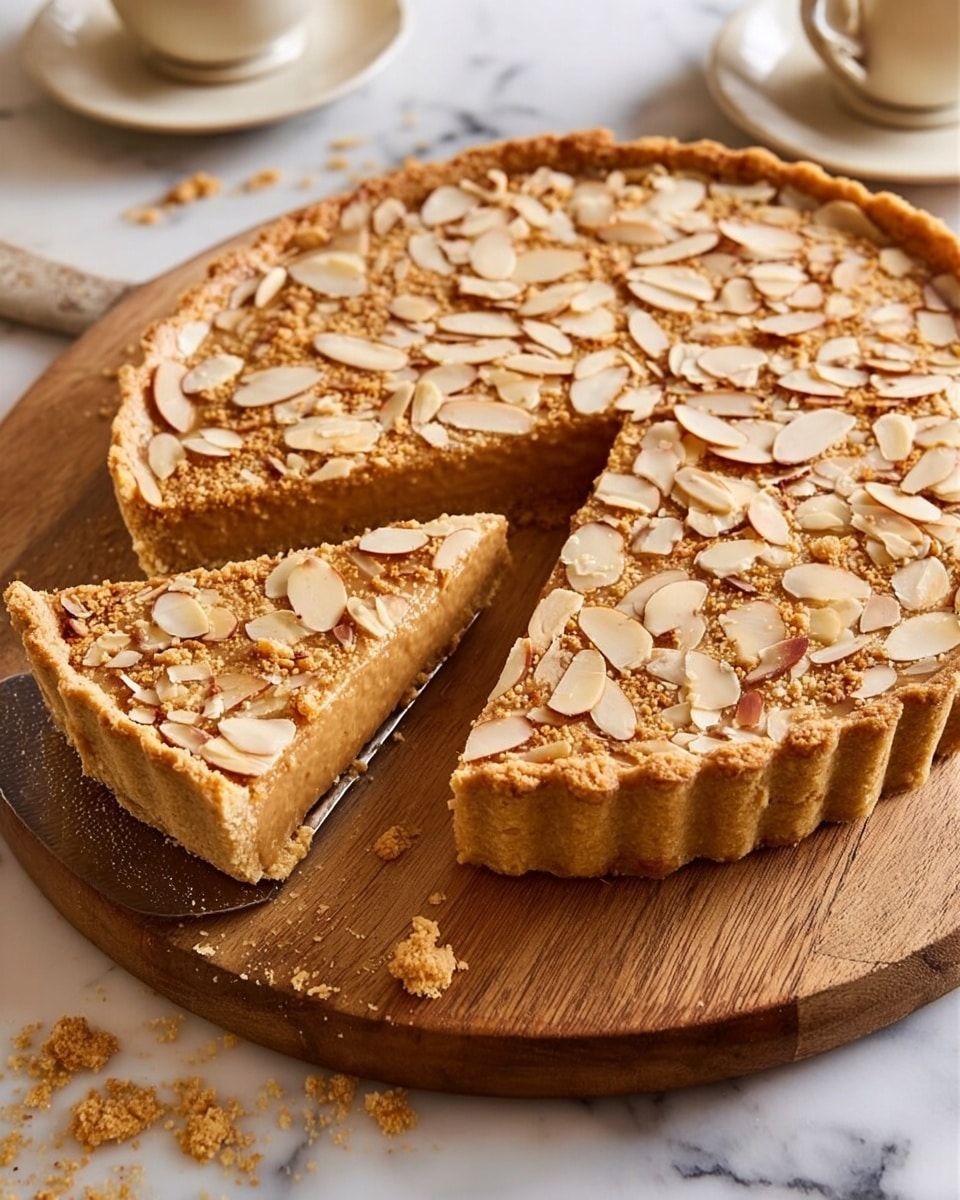 A round tart with a golden-brown crust is placed on a wooden board with a handle. The tart has been sliced, and two pieces are slightly separated from the main tart. Its top layer is covered with light toasted almond slices scattered evenly, showing a textured surface beneath them. The crust edge is crimped and slightly raised, framing the almond topping. The wooden board rests on a white marbled surface, adding a soft background contrast. Photo taken with an iphone --ar 4:5 --v 7