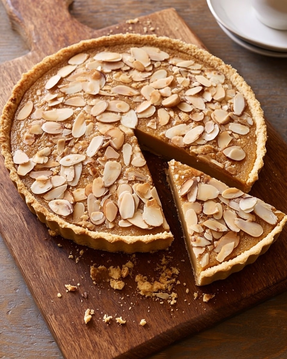 The image shows a round tart with a golden brown crust placed on a wooden cutting board with a handle. The tart is topped with a layer of toasted almond slices spread evenly across the surface. Two slices have been cut from the tart and are slightly separated from the main piece, revealing a light brown filling beneath the almond topping. Some almond slices and crumbs are scattered around on the wooden surface. The background has been changed to a white marbled texture. Photo taken with an iphone --ar 4:5 --v 7