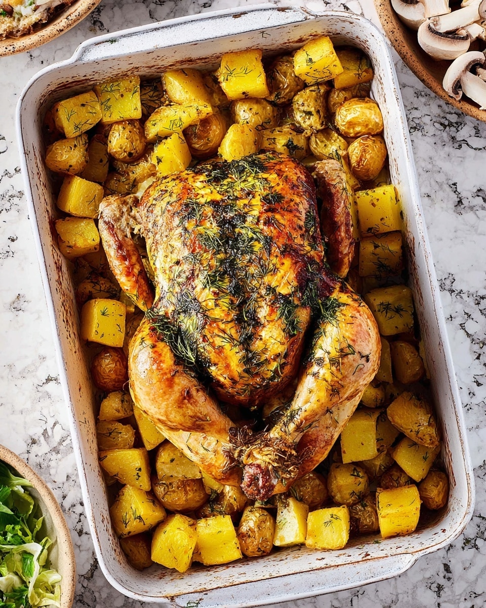 A whole roasted chicken sits centrally in a rectangular metal baking tray, its skin browned with a crispy texture and sprinkled with green herbs. Surrounding the chicken are golden roasted potato chunks, glistening slightly and also garnished with herbs, filling the tray evenly around the bird. The tray rests on a white marbled surface with soft natural light highlighting the juicy, tender look of the chicken and the rich, warm colors of the potatoes. photo taken with an iphone --ar 4:5 --v 7
