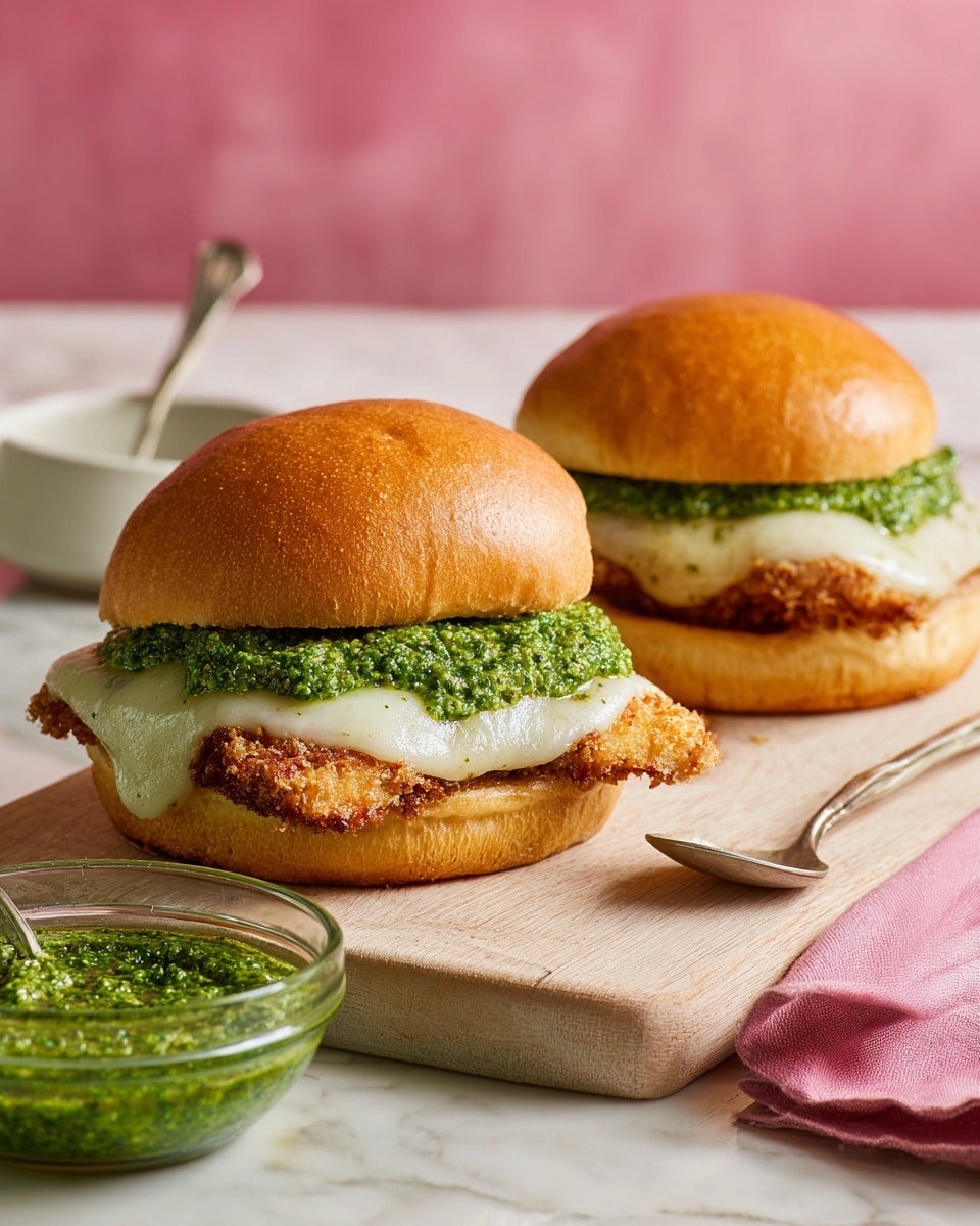 Two sandwiches sit on a light wooden board on a white marbled surface, each with three visible layers: the top layer is a soft, golden-brown bun with a smooth texture, the middle layer is a vibrant green pesto spread that looks thick and slightly coarse, and the bottom layer is a crispy, breaded chicken cutlet melted with white cheese that softly oozes over the edges. A clear glass bowl filled with the same green pesto and a small silver spoon sits to the left on the white marbled surface. In the background, a pink cloth napkin rests softly, with a solid pink backdrop behind it. photo taken with an iphone --ar 4:5 --v 7