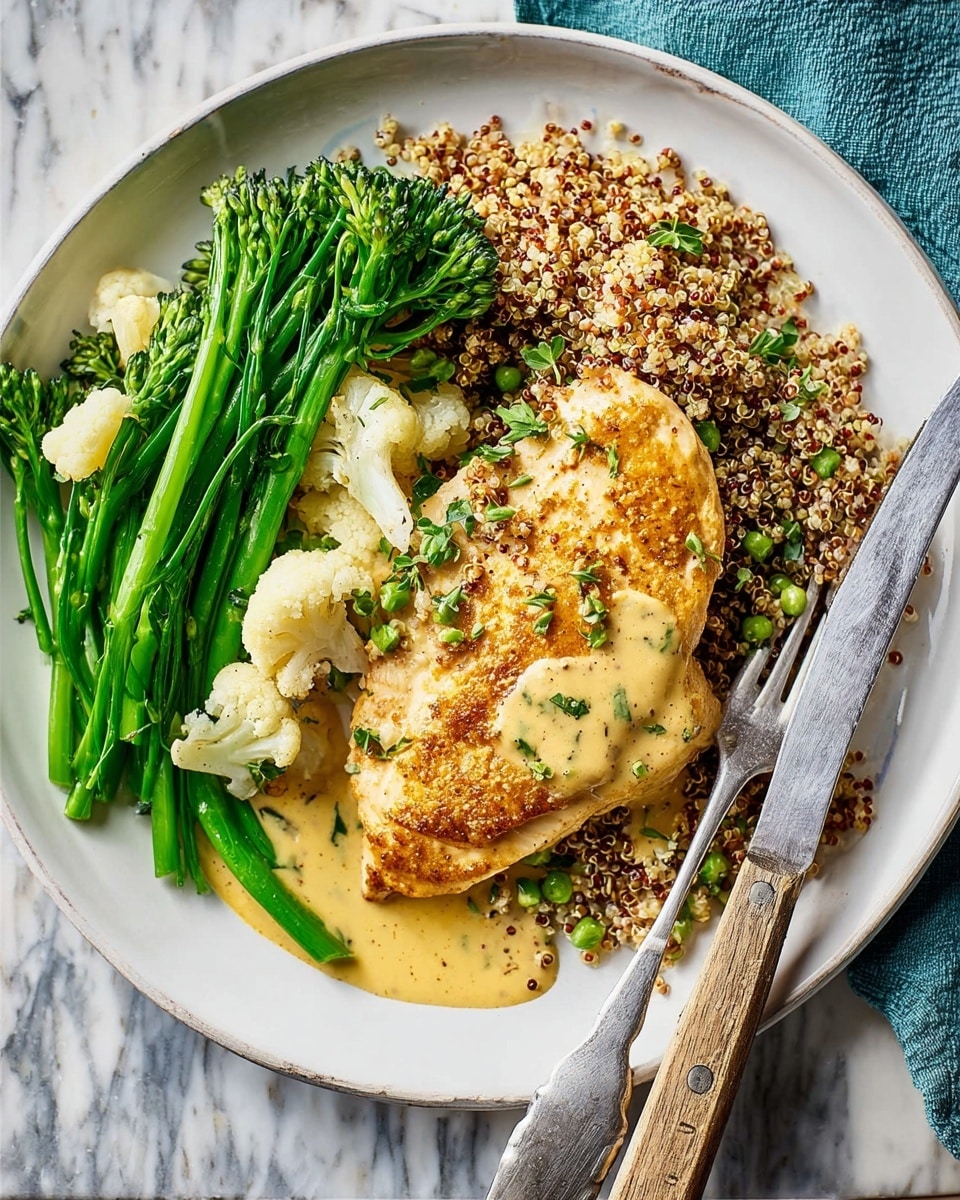 A white round plate with a brown rim holds a meal arranged in three main parts: on the right side is a mound of light brown quinoa mixed with finely chopped green herbs, on top of the quinoa near the center lies a piece of golden-brown cooked chicken breast with light green chives sprinkled on it; below the chicken, there is a small pool of creamy yellow sauce with chopped onions. On the left side of the plate, a mix of steamed green beans, bright green broccoli, and white cauliflower florets is placed. A silver fork and knife with a wooden handle rest on the right edge of the plate, all set on a white marbled textured surface. photo taken with an iphone --ar 4:5 --v 7