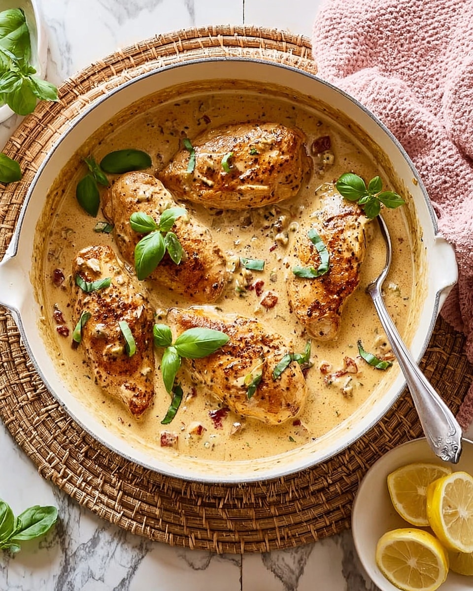 A white pan with four chicken breasts covered in a creamy light brown sauce filled with small red and dark brown bits, garnished with fresh green basil leaves scattered on top. The pan is placed on a round woven mat, and a silver spoon rests in the sauce on the right side. Next to the pan, a pink towel is partially visible on the right edge, and a small white bowl with lemon wedges is visible on the bottom right. The whole scene is set on a white marbled textured surface. Photo taken with an iphone --ar 4:5 --v 7