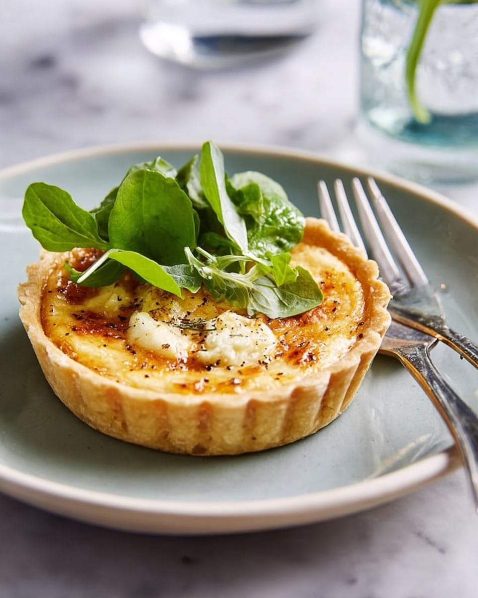 A small round tart with a golden-brown crust stands on a white plate. The tart has one layer of creamy, baked filling that is light yellow with some brown spots from baking. On top, there is a small bunch of fresh green leaves with thin purple stems placed at the center. To the right of the tart on the plate, there is a silver fork partly in view. The whole scene sits on a white marbled surface. Photo taken with an iphone --ar 4:5 --v 7