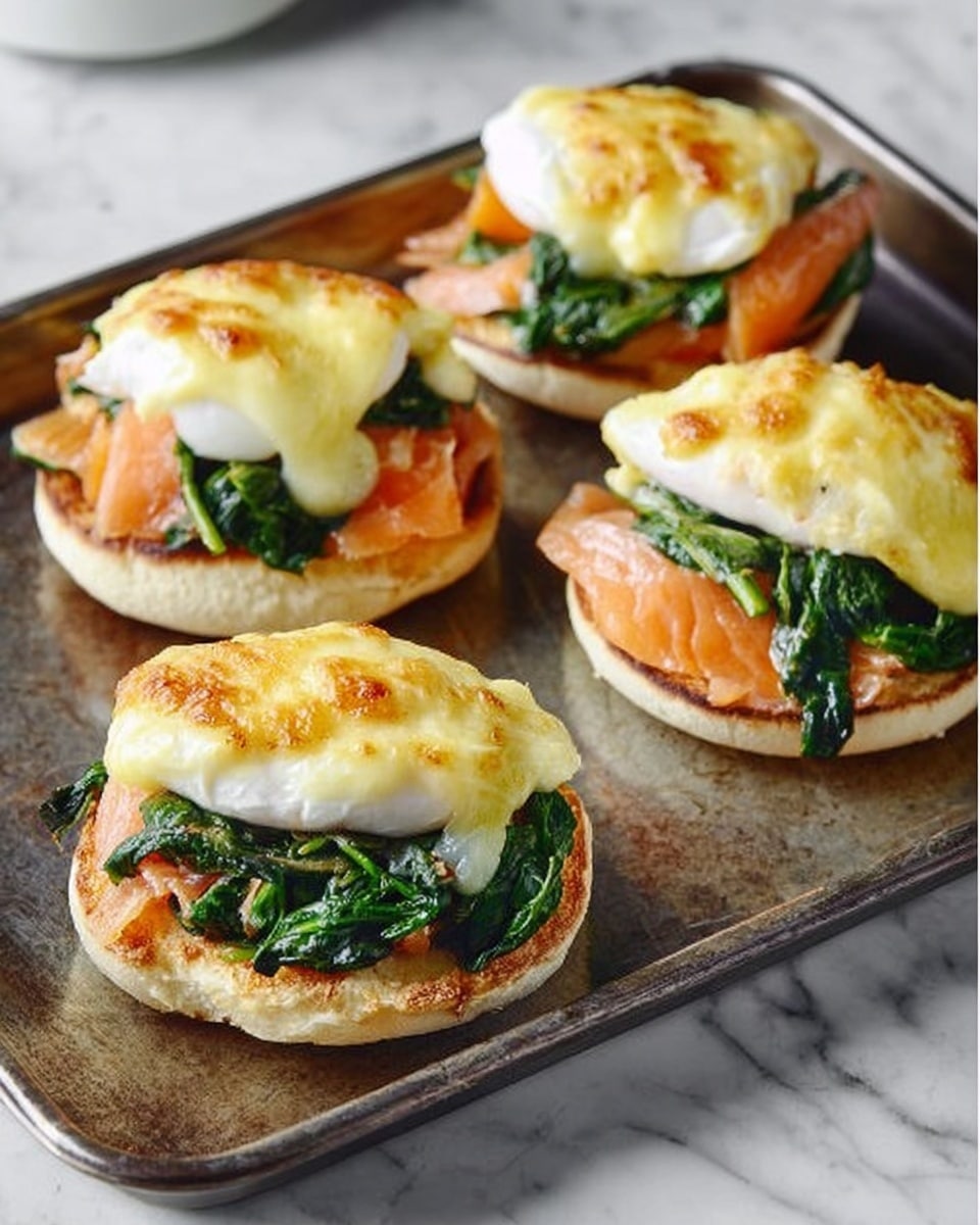 The image shows four English muffin halves layered with different foods on a dark metal baking tray. Each muffin base is topped with a folded piece of light pink smoked salmon. Above the salmon is a sizable portion of cooked dark green spinach, soft in texture. On top of the spinach sits a perfect white poached egg with smooth surfaces. The eggs are covered with a golden-yellow Hollandaise sauce that looks creamy and slightly bubbly. The tray is set on a white marbled surface. photo taken with an iphone --ar 4:5 --v 7