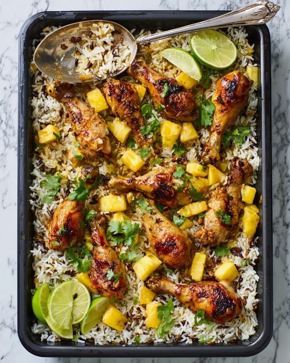 A rectangular dark baking tray filled with a layered meal: the bottom layer is a mix of white and wild rice, topped with scattered dark red beans, cooked golden brown chicken drumsticks arranged over it, and chunks of yellow pineapple spread around. Fresh green cilantro leaves are sprinkled on top, along with lime wedges set to the side. A large silver spoon rests on the edge of the tray. The tray is placed on a white marbled surface. Photo taken with an iphone --ar 4:5 --v 7