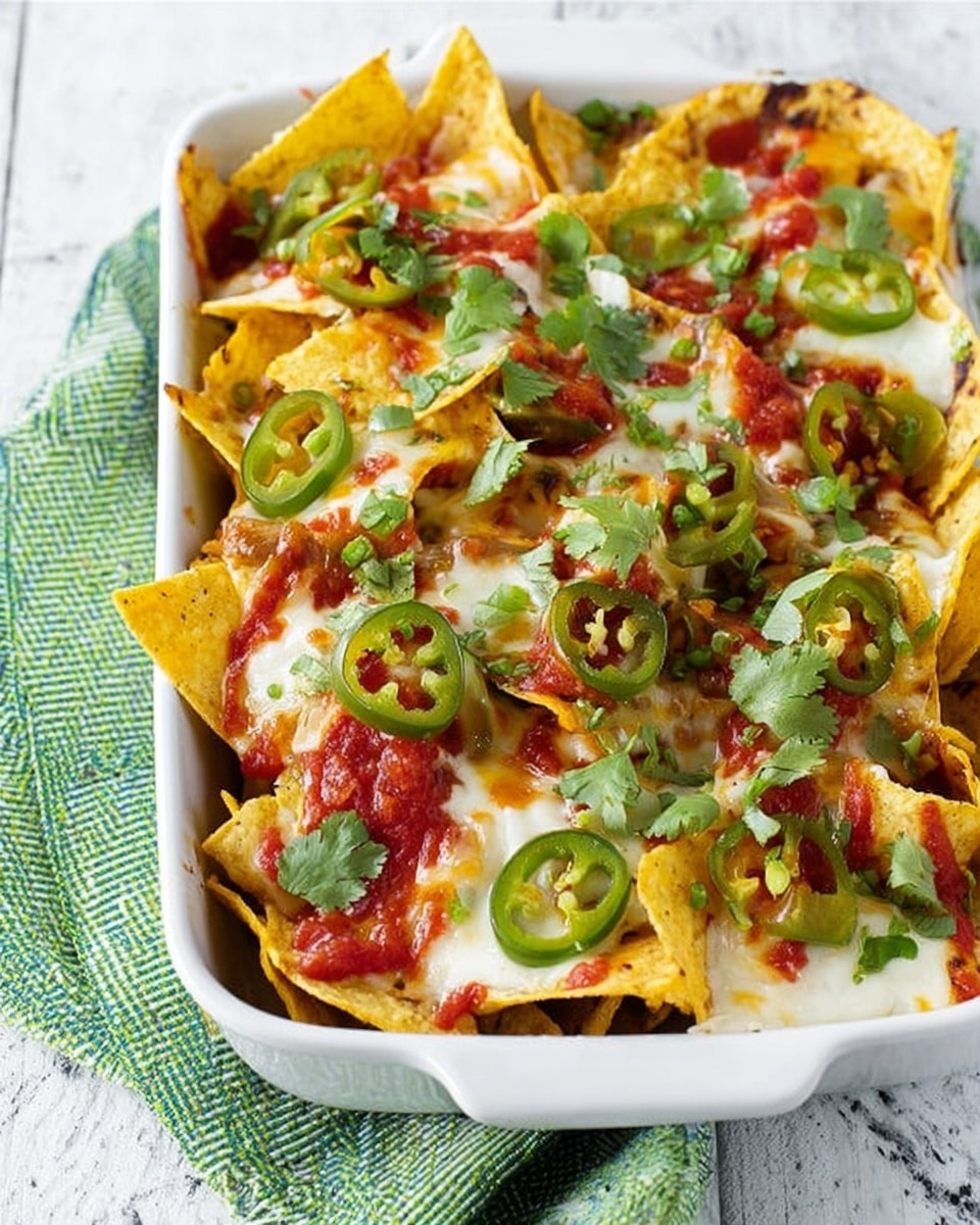 A white rectangular dish filled with nachos is seen from above, resting on a green and white woven cloth on a white marbled surface. The nachos have three layers: the bottom layer is crispy yellow corn chips, the middle layer has melted white cheese evenly covering the chips, and the top layer is scattered with red salsa, green sliced jalapeños, and fresh green cilantro leaves. The mix of yellow, white, red, and green creates a colorful, appetizing look. photo taken with an iphone --ar 4:5 --v 7