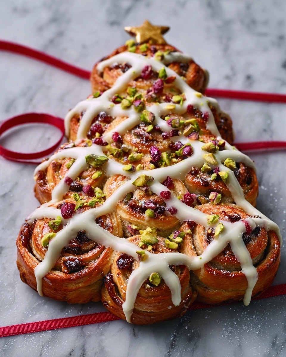 The image shows a tree-shaped pastry made of multiple golden-brown rolls with a shiny, glazed surface. The pastry is topped with white icing drizzled in a crosshatch pattern, and sprinkled with small pieces of green pistachios and red dried cranberries. The rolls have visible layers of dough with a textured, swirled look that contains nuts and dried fruit inside. The pastry sits on a white marbled surface with a thin red ribbon loosely placed around it. photo taken with an iphone --ar 4:5 --v 7