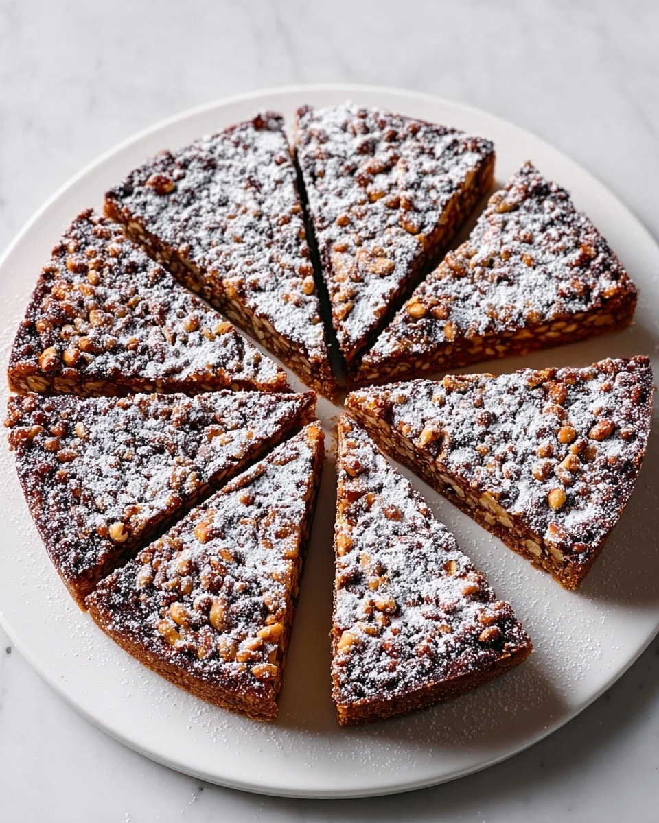 A round tart sliced into eight pieces sits on a large white plate. The tart has a rich brown top layer covered with a mix of small nuts and dusted evenly with powdered sugar, giving a frosted look. The texture appears slightly rough and crunchy, with the nuts adding a bumpy pattern all over the surface. The tart’s interior looks soft and dense, visible in the sliced sections. The plate is on a white marbled surface, and the photo is taken from above, showing the full tart clearly in soft natural light. photo taken with an iphone --ar 4:5 --v 7