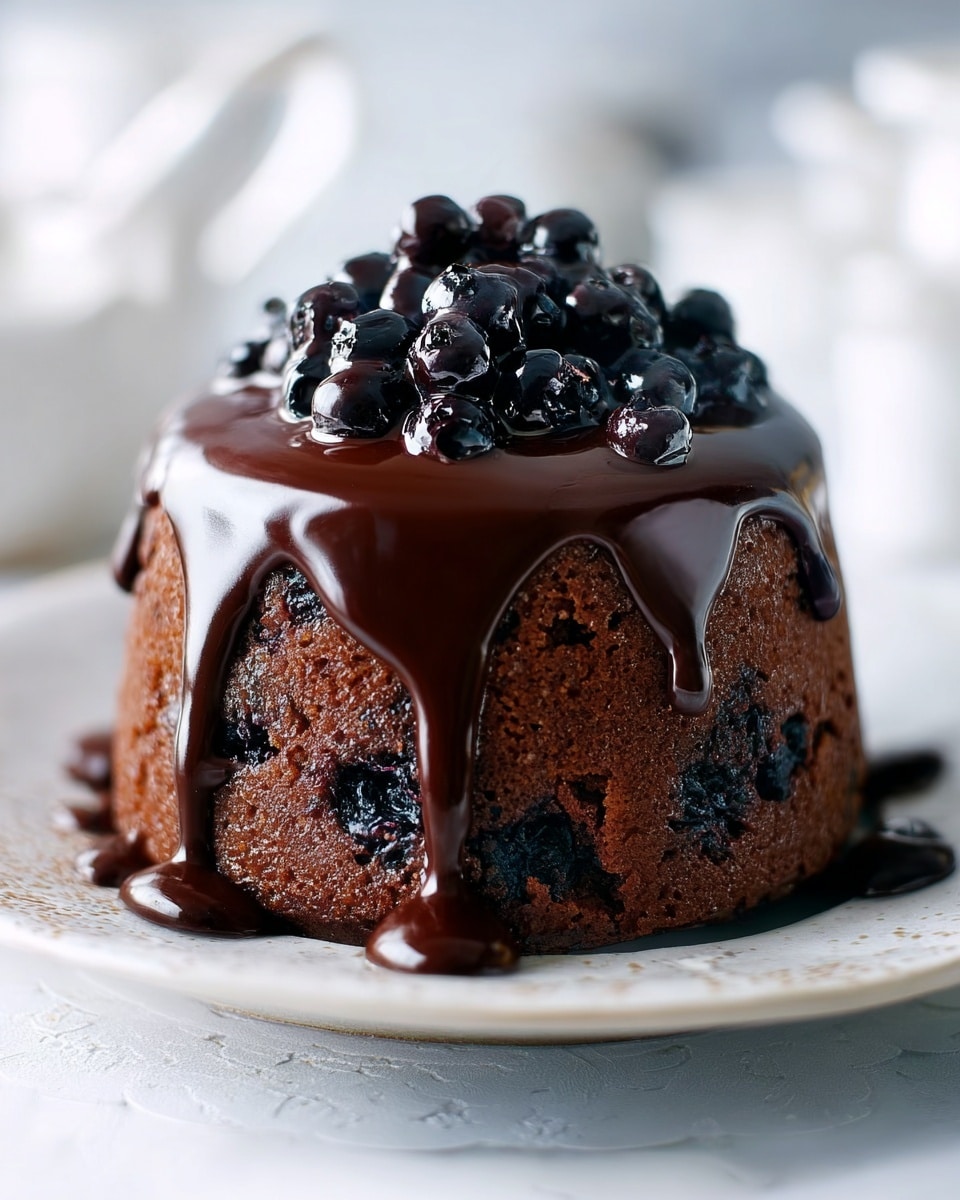 A small, round chocolate cake with dark spots inside, showing it has blueberries or similar berries baked in. The cake is covered with thick, glossy dark chocolate sauce that drips slowly down the sides. On top, there is a small pile of shiny, dark berries, matching the ones inside the cake. The cake sits on a round white plate with a subtle pattern. The background is a white marbled surface with soft, out-of-focus elements in light colors. photo taken with an iphone --ar 4:5 --v 7
