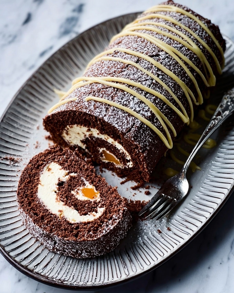 The image shows a chocolate roll cake with a layer of light cream and caramel inside, rolled tightly and placed on a white plate. The cake has a smooth dark brown outer layer dusted with powdered sugar, and it is decorated with thin lines of pale yellow cream drizzled over the top. Next to the whole roll, a slice is cut to show the swirl of cake and cream filling in the center. A silver fork rests on the plate near the slice, with a small bite taken out of the cake. The plate sits on a white marbled surface. Photo taken with an iphone --ar 4:5 --v 7