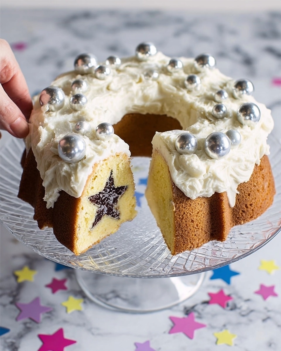 The image shows a white frosted bundt cake decorated with round silver balls on top. The cake is sliced to reveal two layers inside: the outer layer is light yellow with a soft texture, and the inner layer is dark brown shaped like a star. The cake sits on a clear cooling rack on a white marbled surface with colorful star-shaped confetti around it. A woman's hand is holding one slice. Photo taken with an iphone --ar 4:5 --v 7