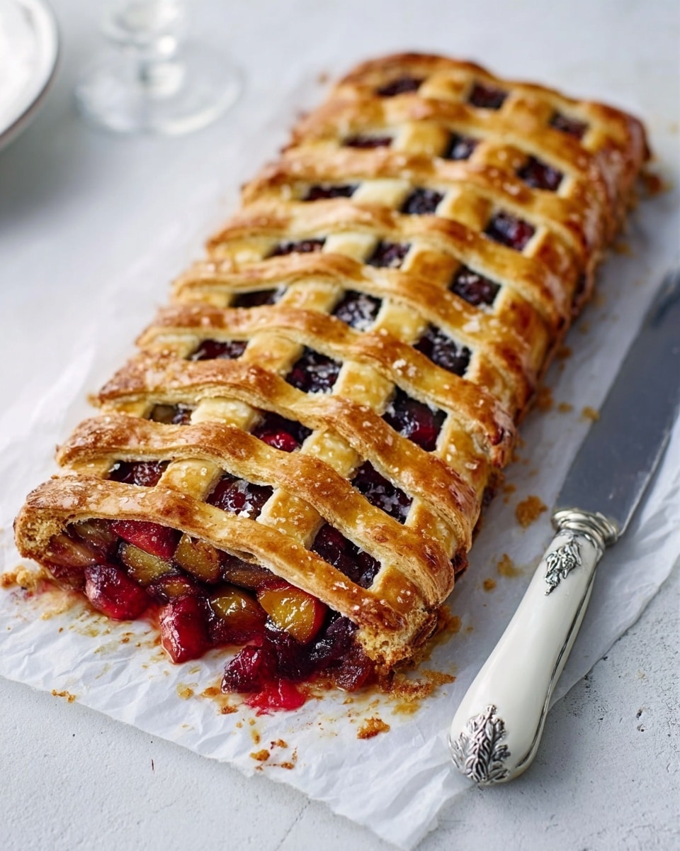 The image shows a rectangular braided pastry with a golden-brown crust resting on white parchment paper. The pastry has six wide strips woven diagonally on top, revealing a dark brown and red fruit filling, with chunks of fruit visible inside and spilling slightly at the edges. Next to it on the right, a butter knife with a white handle and silver decoration lies on the white marbled surface. The background is clean and bright, emphasizing the texture and colors of the pastry. photo taken with an iphone --ar 4:5 --v 7