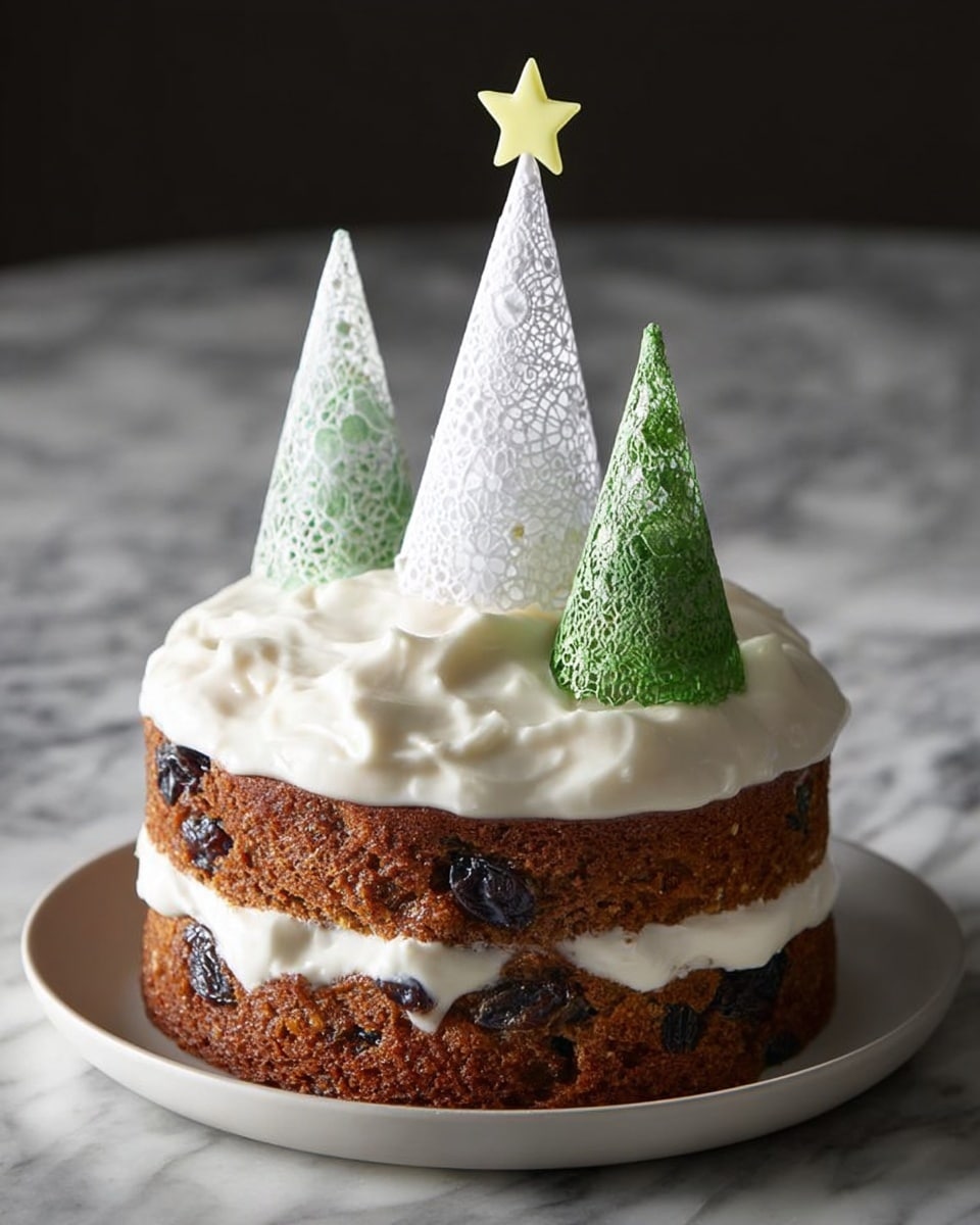 A two-layer brown fruitcake with visible dark fruit pieces, separated by a smooth white cream filling, and topped with a thick, uneven layer of white whipped cream. On top of the cream are three cone-shaped decorations: two white cones with lace patterns and one taller green cone with lace patterns and a yellow star at the tip. The cake sits on a round white plate, and the background is a white marbled texture. photo taken with an iphone --ar 4:5 --v 7
