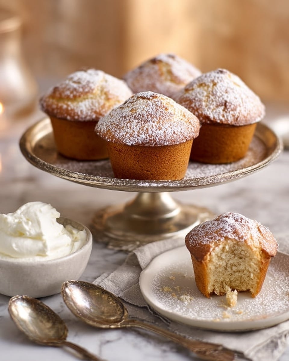 A silver cake stand holds four golden brown muffins, each topped with a light dusting of powdered sugar, giving a soft white contrast to the warm muffin color. The muffins have a slightly cracked, textured top showing their fluffy inside. Next to the stand, a small bowl filled with white whipped cream or frosting sits, showing a smooth and creamy texture. In front on the white marbled surface, a white plate holds a half-eaten muffin, revealing its moist, light inside. Three shiny silver spoons rest casually on a folded cloth napkin under the cake stand. The background is softly blurred with warm light tones. Photo taken with an iphone --ar 4:5 --v 7