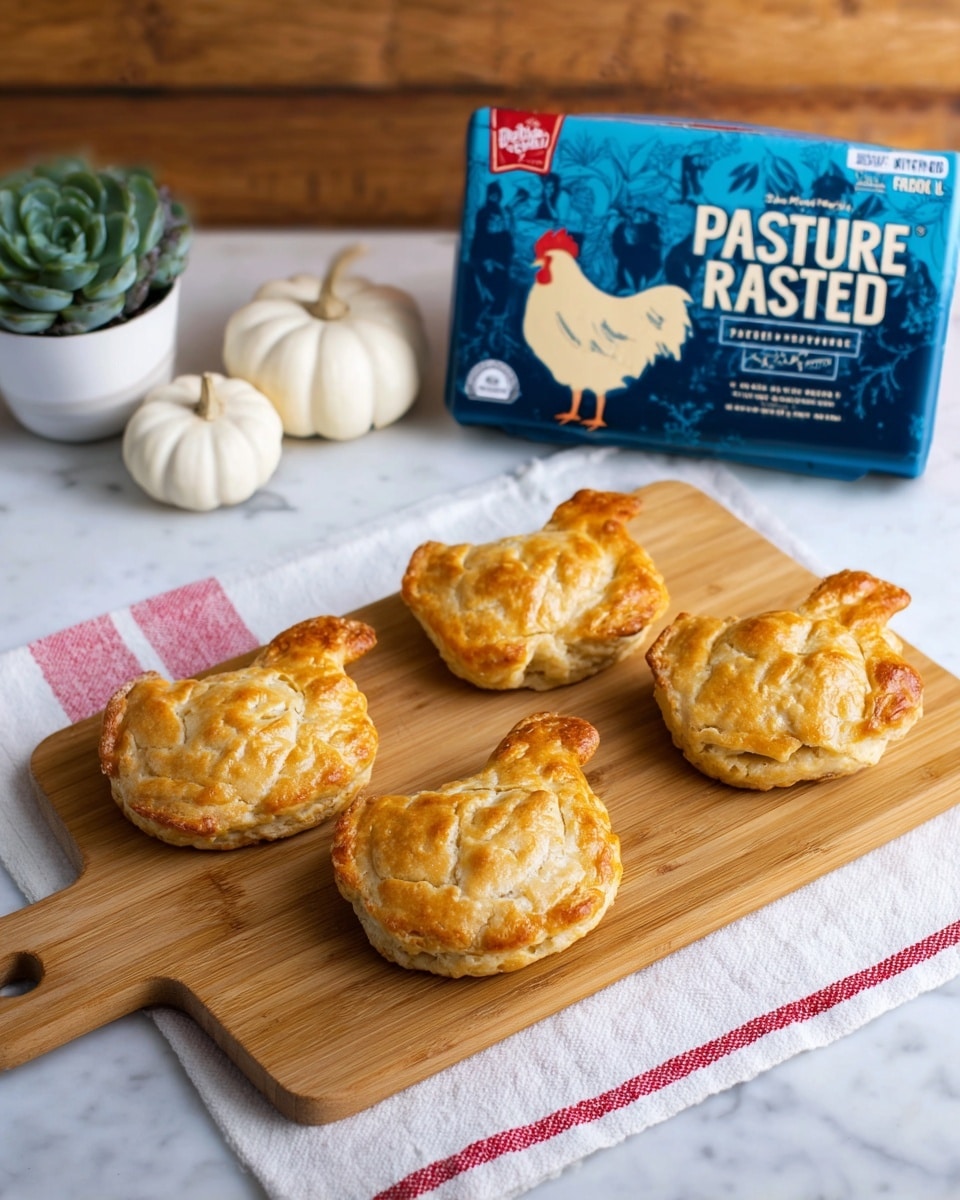 The image shows four golden-brown pastries shaped like chickens placed on a wooden cutting board with detailed chicken engravings. The pastries have a shiny, flaky texture with slightly darker edges, indicating they are well baked. Behind the cutting board is a blue carton of pasture-raised eggs with white text and chicken illustrations, positioned diagonally. The setup includes a white marbled texture underneath the board and a red and white checkered cloth partially visible. In the background, there are small white pumpkin decor and a white pot with a small green plant. Photo taken with an iphone --ar 4:5 --v 7