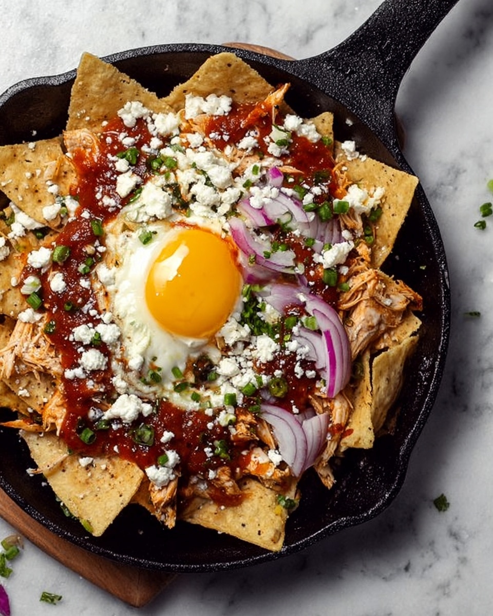 A black cast iron skillet filled with a layered dish. The bottom layer consists of golden tortilla chips arranged in a circular pattern, slightly overlapping each other. On top, there is a layer of chunky red salsa spread unevenly, with shredded pieces of cooked chicken scattered across. A bright yellow sunny-side-up egg with a glossy yolk sits near the center, partly on the chips and salsa. Around the egg, white crumbled cheese is sprinkled generously, with a few slices of purple onion rings placed near the edge. Small green herb pieces are scattered lightly on the whole dish. The skillet is set on a white marbled surface. Photo taken with an iphone --ar 4:5 --v 7