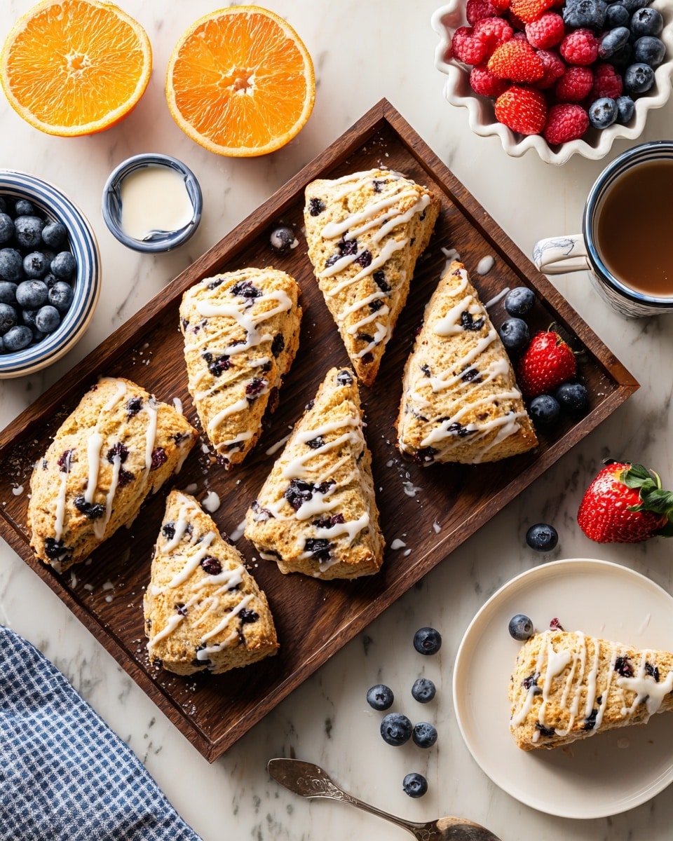 A dark wooden tray holds seven golden-brown triangular scones, each with visible blueberries baked inside and thin white icing drizzled over the top. To the upper right on a white bowl with a scalloped edge, a mix of fresh red strawberries, raspberries, and blueberries peek out. A single scone rests on a white plate with a blue rim near the bowl. Fresh blueberries and a single strawberry are scattered nearby on a white marbled surface. To the left, a small white bowl with blue stripes contains two halves of a blood orange. Above it is a small white bowl with a blue rim filled with white cream and a silver spoon. A white cup filled with coffee is placed on the right edge. The scene is bright and inviting, with a checkered blue and white cloth in the background. Photo taken with an iphone --ar 4:5 --v 7
