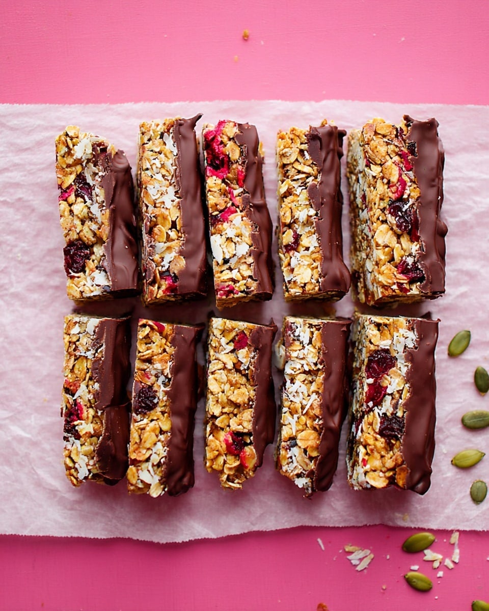 Seven granola bars are lined up side by side on a piece of white parchment paper. Each bar has two visible layers; the top layer is a mix of golden oats, red dried cranberries, and white coconut flakes with a rough texture, while the bottom layer is a smooth, thick coating of milk chocolate. The bars have straight edges and a slightly uneven top surface showing the ingredients. They are placed on a bright pink surface with a few small crumbs and green pumpkin seeds scattered around. Photo taken with an iphone --ar 4:5 --v 7