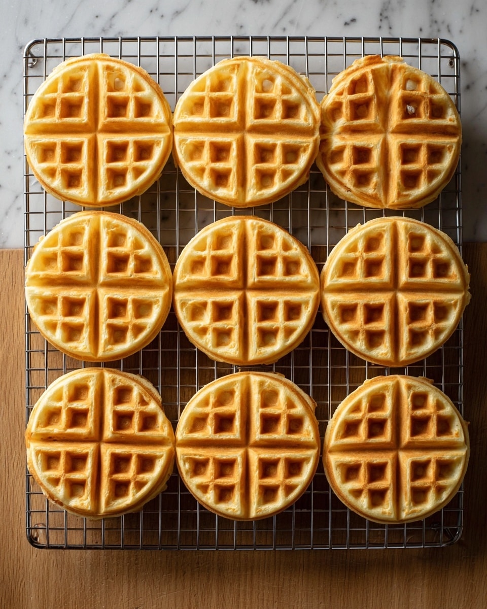 Nine round waffles with a light golden-brown color are arranged neatly in a 3 by 3 grid on a metal cooling rack. Each waffle features a classic deep grid pattern divided into four segments. The waffles have a soft texture with slight crispy edges. The cooling rack sits on a white marbled textured surface, adding contrast to the warm tones of the waffles. photo taken with an iphone --ar 4:5 --v 7
