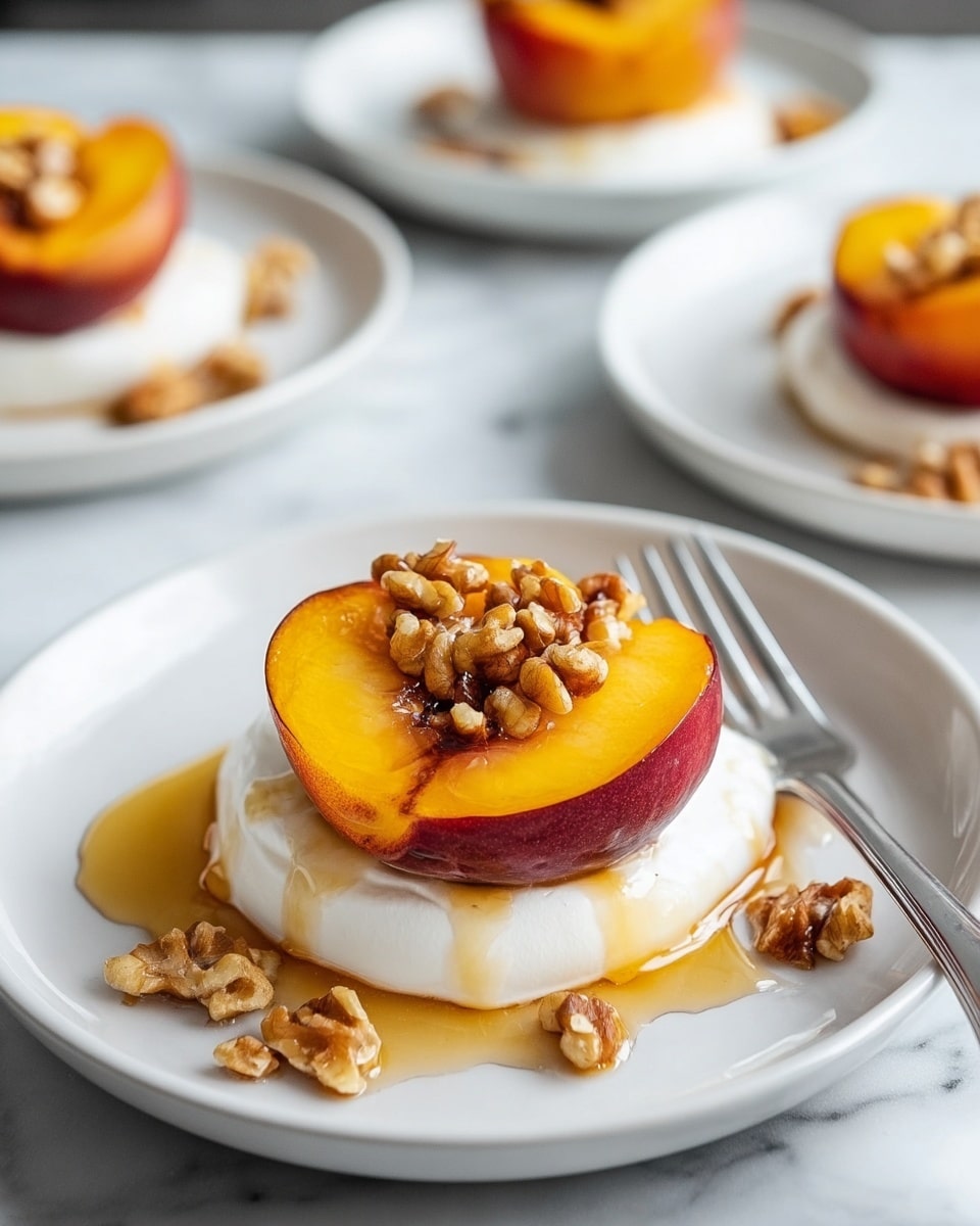 A white plate holds a layered dessert with a base of thick, smooth white cream spread in a rounded shape. On top sits a halved peach, its skin a dark red-orange and the flesh a bright yellow-orange, with a hollow middle filled with small clusters of brown walnuts. More walnuts are scattered around the peach on the cream. A light amber syrup is drizzled over the peach and cream, giving a shiny, sticky look. A silver fork rests on the right side of the plate. The plate is on a white marbled surface, and parts of other plates with the same dessert are seen softly blurred in the background. photo taken with an iphone --ar 4:5 --v 7
