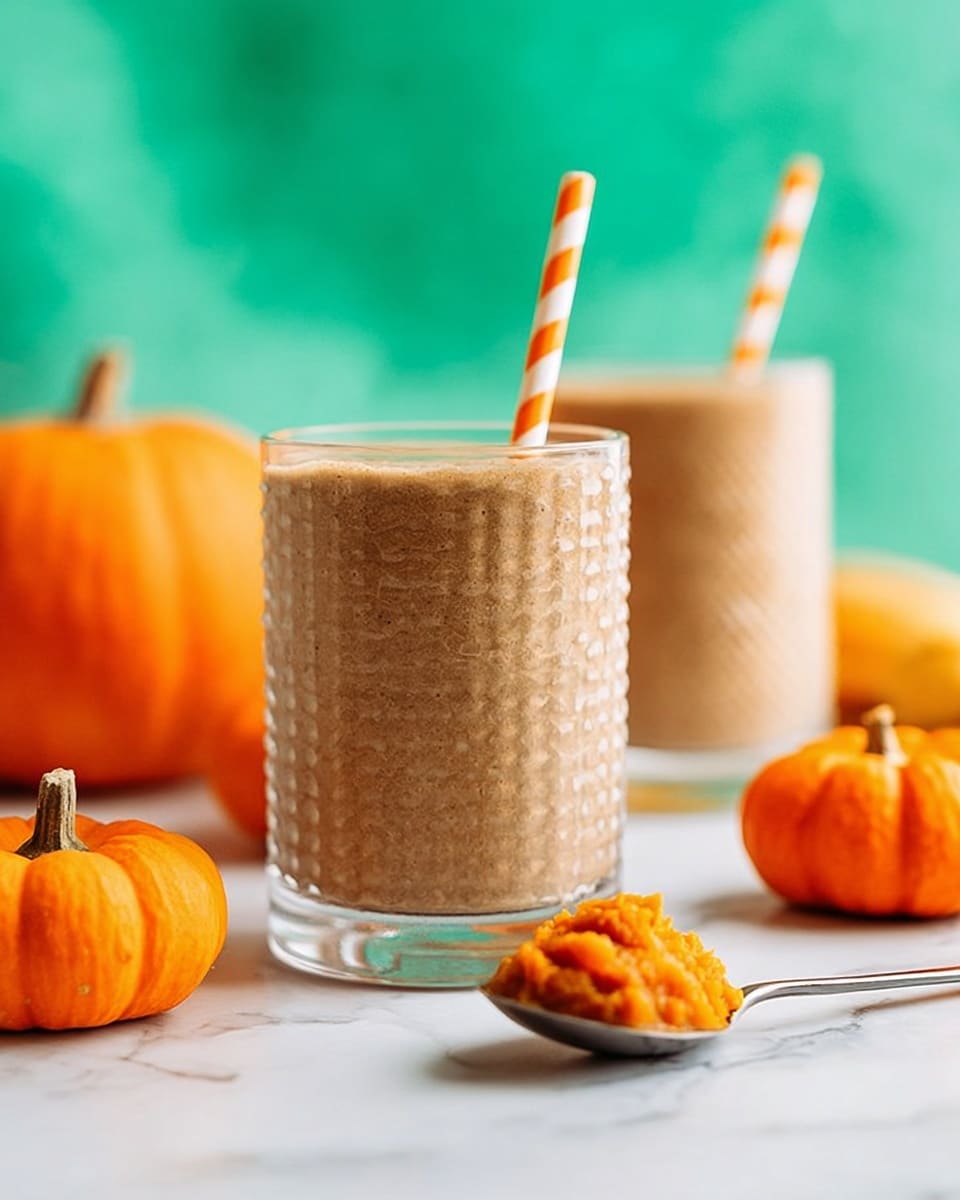 The image shows two glasses filled with a thick, light brown smoothie, each glass having a textured surface and an orange and white striped straw inserted near the rim. In the foreground, a silver spoon holds a small mound of bright orange pumpkin puree, resting on a white marbled surface. Surrounding the scene are three small, bright orange pumpkins adding a vibrant seasonal touch, with a greenish-blue blurred background behind them. The scene is bright and softly lit, focusing mainly on the closest glass and the spoon. photo taken with an iphone --ar 4:5 --v 7