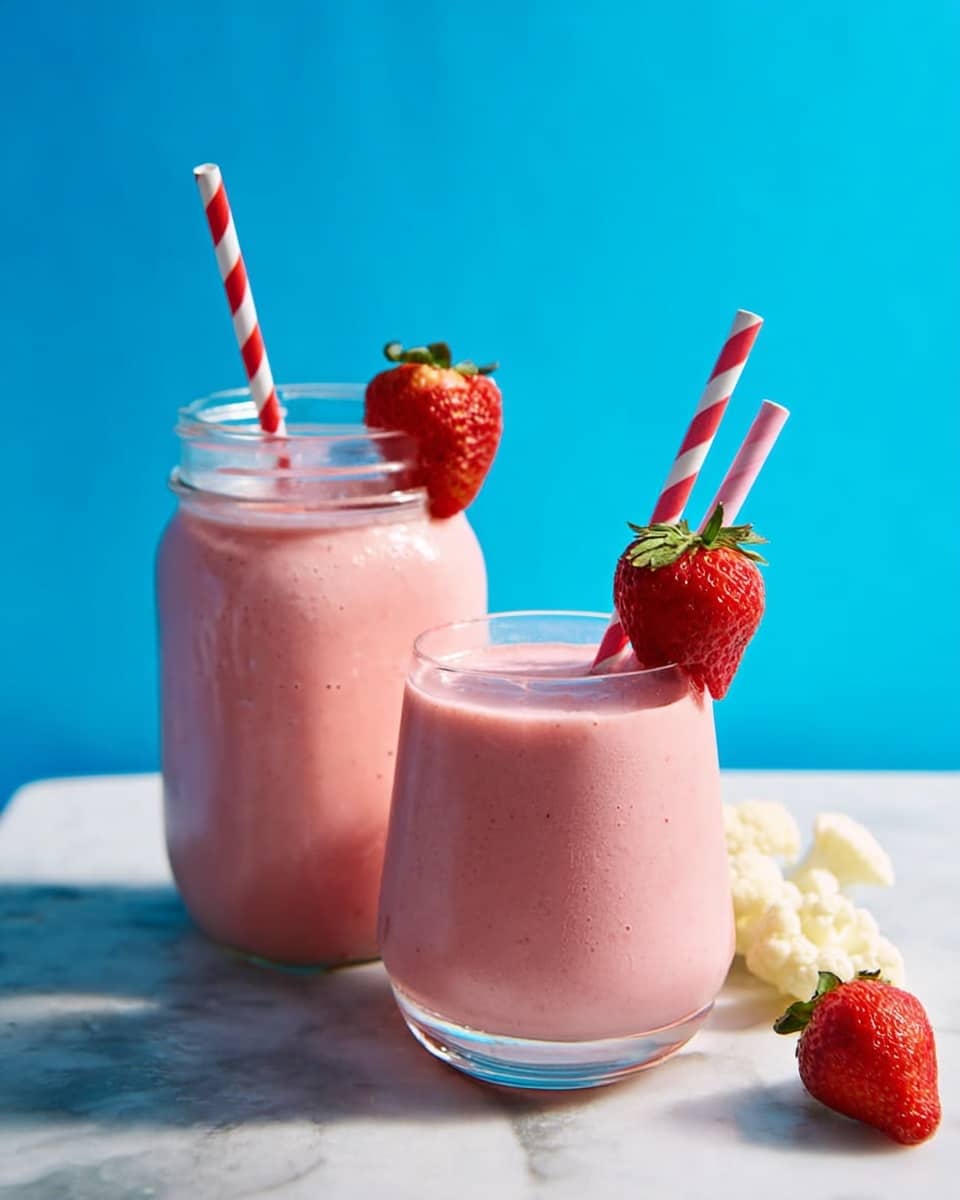 Two glasses filled with smooth pink strawberry smoothie are shown on a white marbled surface. The glass on the left is a tall jar with two red and white striped straws and a bright red strawberry placed on its rim. The glass on the right is a shorter, clear glass also containing two striped straws and a strawberry on the rim. Both smoothies have a creamy texture with tiny air bubbles. Small pieces of white cauliflower sit on the white marbled surface near the glasses. The background is bright blue. photo taken with an iphone --ar 4:5 --v 7
