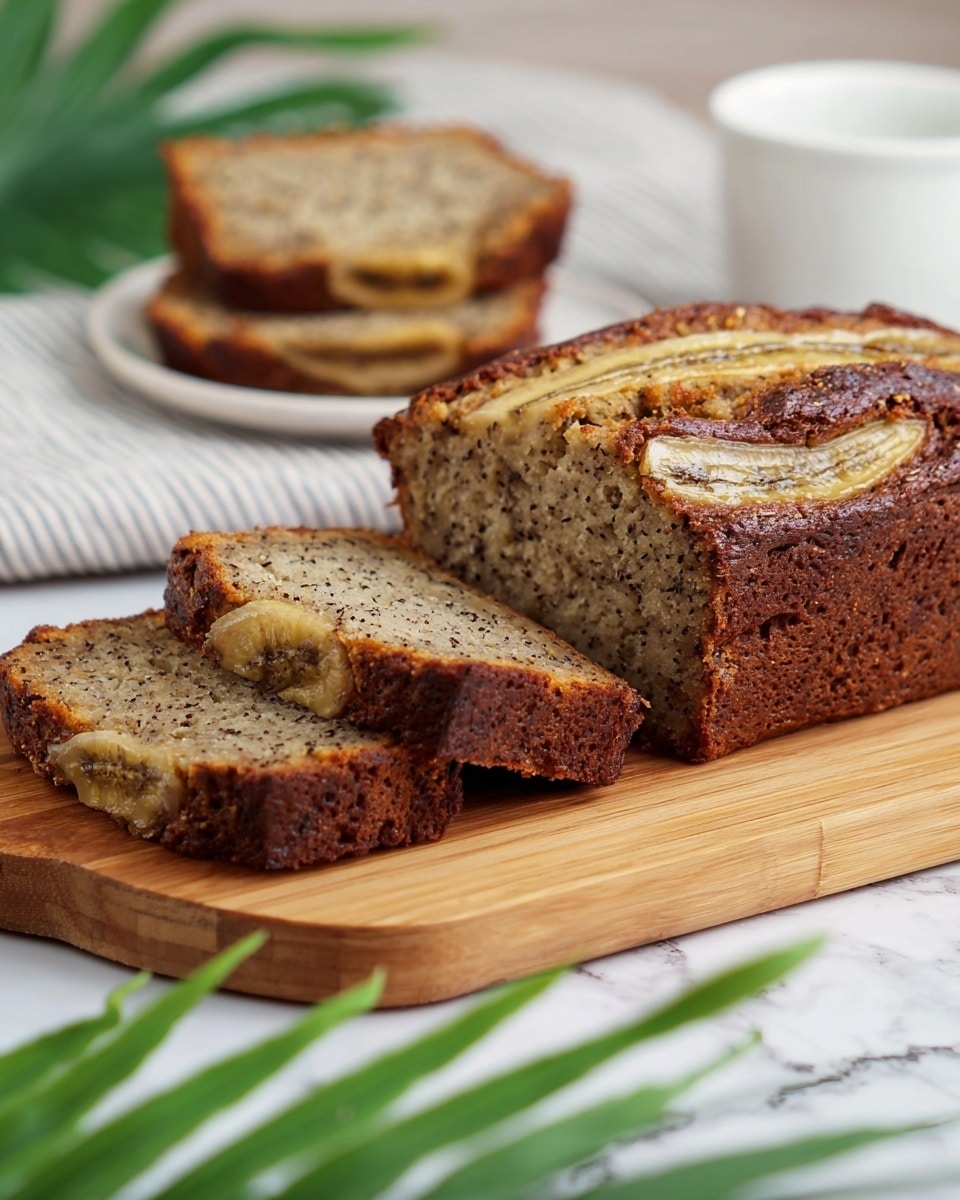The image shows a loaf of banana bread, partly sliced, placed on a wooden cutting board. The bread has two visible slices cut from the loaf, showing a moist, speckled texture with small dark spots throughout, likely from mashed bananas or nuts. The top of the bread has a darker, slightly caramelized crust with a few slices of banana baked on top. In the background, two slices of the same bread rest on a white plate, with a blurred white striped cloth and a white cup visible. Green plant leaves are in the foreground, and the surface beneath the cutting board has a white marbled texture. photo taken with an iphone --ar 4:5 --v 7