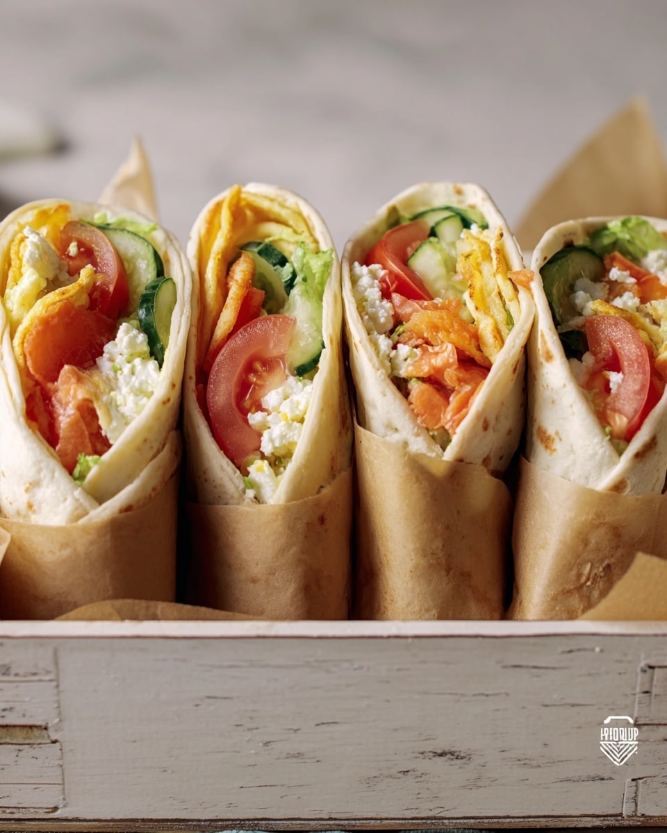 Four wraps are standing upright in a white rustic wooden box lined with light brown paper. Each wrap has a soft, pale beige tortilla that holds several layers of filling: at the bottom, a layer of crumbly white cheese followed by vibrant red tomato slices, crispy golden yellow egg strips, and fresh pieces of green cucumber mostly near the top. The fillings are packed tightly and are visible from the open top of each wrap. The white marbled texture background is soft and out of focus. photo taken with an iphone --ar 4:5 --v 7