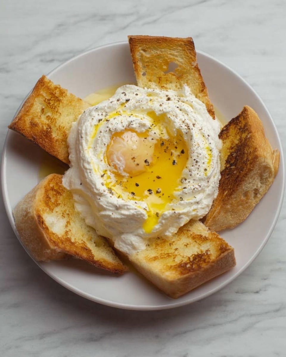 The image shows a white round plate on a white marbled surface with a stack of four toasted bread strips placed in a circular shape around the center. In the middle, there is a fluffy mound of whipped egg whites that is bright white and soft in texture. On top of the whipped whites, a cooked egg yolk with a slightly runny bright yellow center is placed, with a light drizzle of melted butter or oil and a few small specks of black pepper scattered over it. The toast strips are golden brown with darker toasted edges and some uneven crisp spots. Photo taken with an iphone --ar 4:5 --v 7