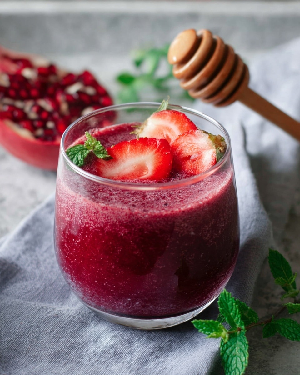 A clear glass holds a thick, deep red smoothie with a slightly frothy texture on top; two fresh strawberry slices with green leaves rest on the surface. The glass is placed on a light gray cloth that sits on a white marbled texture. Near the glass, there is a wooden honey dipper standing vertically and part of a pomegranate with red seeds and green mint leaves nearby add extra color to the scene. Photo taken with an iphone --ar 4:5 --v 7