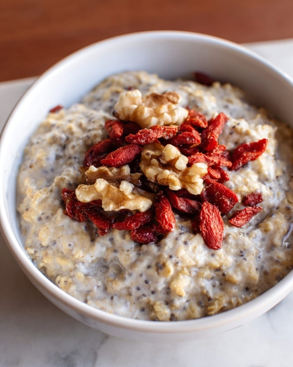 A close-up view of a white bowl filled with creamy oatmeal that has a slightly lumpy texture mixed with small dark chia seeds. On top, there is a layer of walnut halves and bright red dried goji berries scattered in the center, adding color contrast. The bowl is placed on a white marbled surface that highlights the warm tones of the oatmeal and toppings. photo taken with an iphone --ar 4:5 --v 7