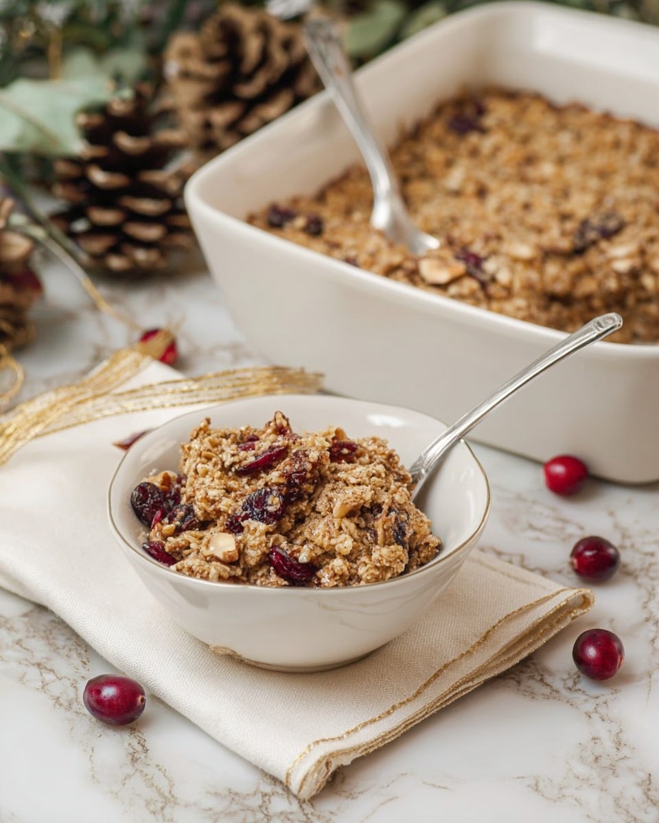 A white square dish filled with a crumbly, light brown baked dessert that has a coarse texture with bits of nuts and dried fruit. Next to it is a white bowl with a rough beige outer texture, holding a scoop of the same dessert showing visible chunks, nuts, and a few red dried berries on top. A silver spoon rests inside the bowl. The dish and bowl sit on a white cloth with a thin gold grid pattern, scattered with a few red dried berries and a gold ribbon. The whole setting is on a white marbled texture with green leaves and pinecones slightly visible in the back. Photo taken with an iphone --ar 4:5 --v 7