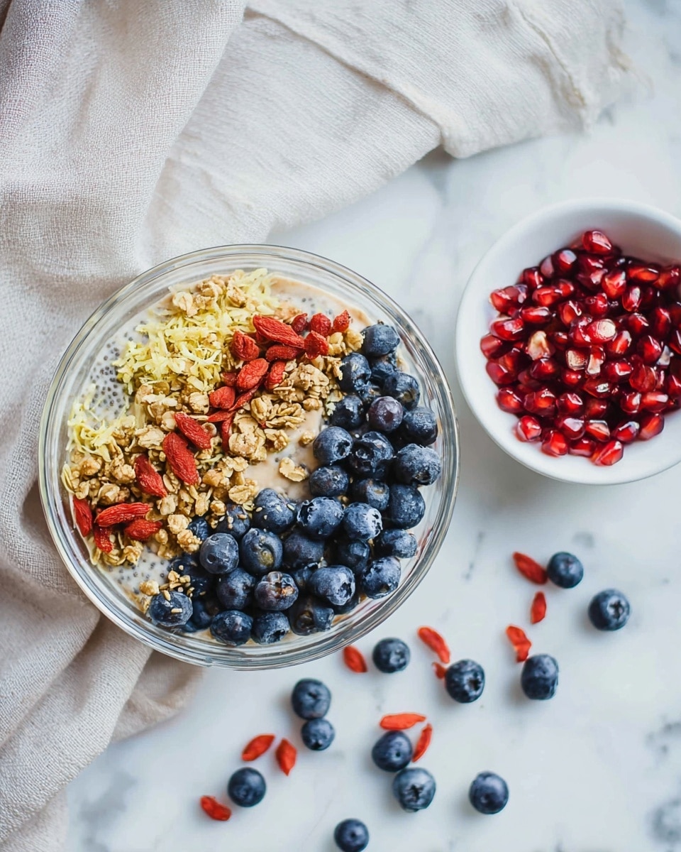 A clear glass bowl contains a three-layered breakfast dish placed on a white marbled textured surface covered partially by a soft white cloth. The bottom layer is creamy and light beige with visible tiny black chia seeds, topped by a soft layer of shredded pale yellow coconut. Above this are clusters of golden brown granola and bright red goji berries scattered evenly. Large, round, deep blue blueberries are arranged mostly along one side, with some red pomegranate seeds mixed among them for a pop of color. To the right of the bowl, a small white bowl is filled with glossy red pomegranate seeds, with some blueberries and goji berries scattered around on the cloth. Photo taken with an iphone --ar 4:5 --v 7