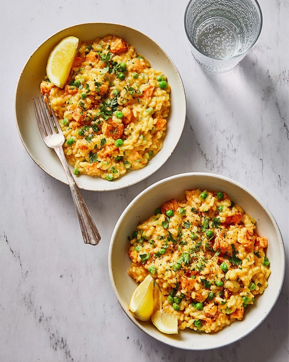 Two bowls of creamy risotto sit on a white marbled surface, each filled with golden-yellow rice mixed with orange bits of vegetables or seafood and bright green peas. The risotto is topped with fresh green herbs scattered on top. Each bowl has a wedge of lemon placed on the edge, adding a pop of yellow. In the bottom bowl, a silver fork is inserted into the risotto, near the lemon wedge. To the right of the bowls is a clear glass of water with bubbles visible inside. The bowls are white and round, highlighting the warm colors of the rice dish. Photo taken with an iphone --ar 4:5 --v 7