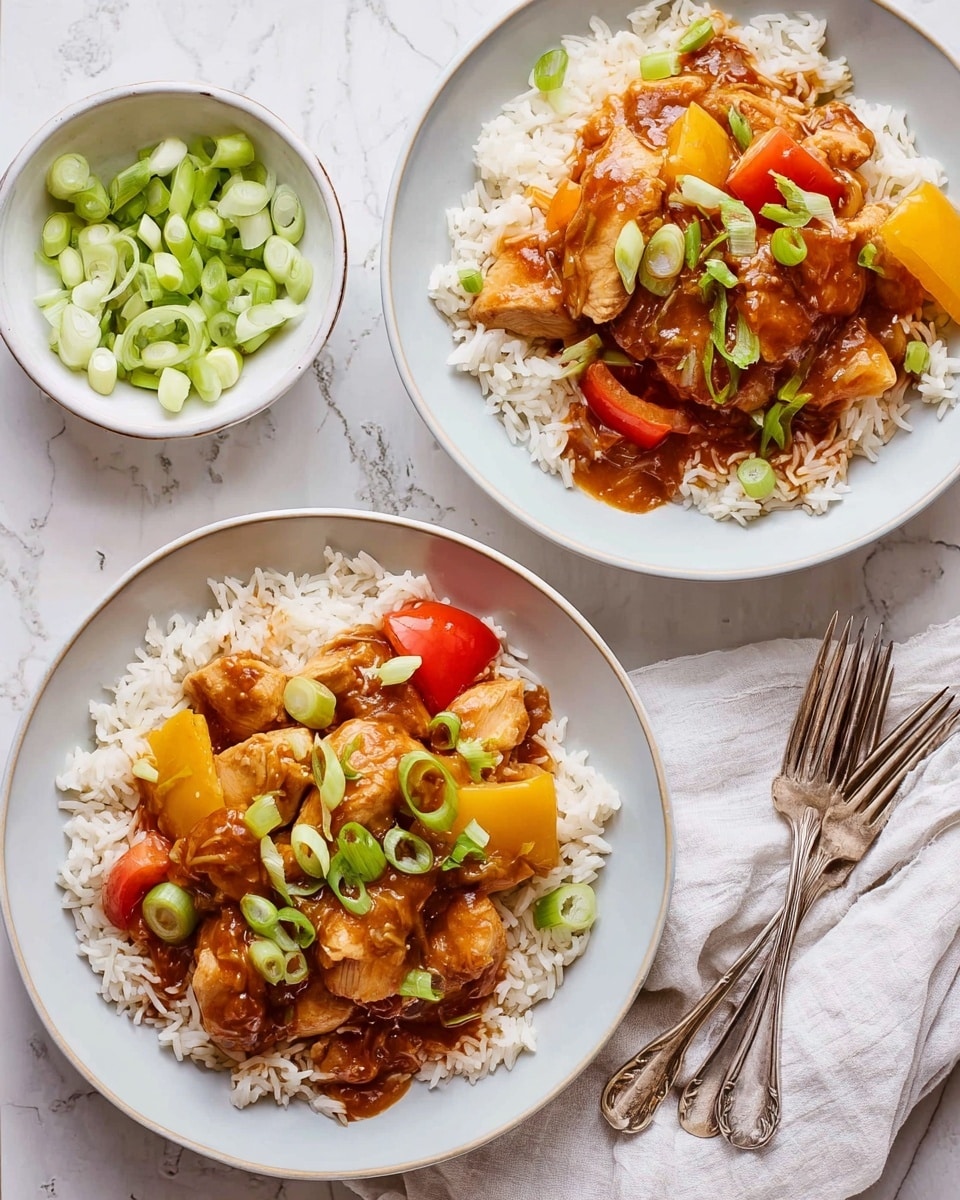 Two shallow white bowls on a white marbled surface each contain a bed of long-grain white rice topped with a stew of chicken pieces and large chunks of yellow and red bell peppers. The stew is covered in a thick, glossy, orange-brown sauce with visible small bits of onion or garlic, and garnished with thin slices of green onion scattered on top. To the right, there is a small white bowl filled with sliced green onions and a knife and two forks resting on a white cloth napkin. The overall setting is bright and clean. photo taken with an iphone --ar 4:5 --v 7