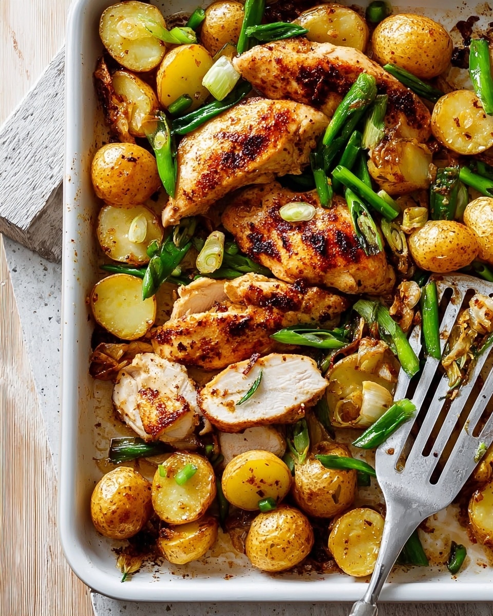 The image shows a pan of baked chicken breasts with golden brown skin, resting on a layer of sliced roasted potatoes that are seasoned and slightly crisp on the edges, with some small whole roasted potatoes scattered in between. Green onion pieces, slightly charred, are mixed throughout, adding a pop of green among the warm tones of the chicken and potatoes. A metal slotted spoon is placed in the pan, scooping up a few potato slices. The pan is set on a white marbled surface. photo taken with an iphone --ar 4:5 --v 7