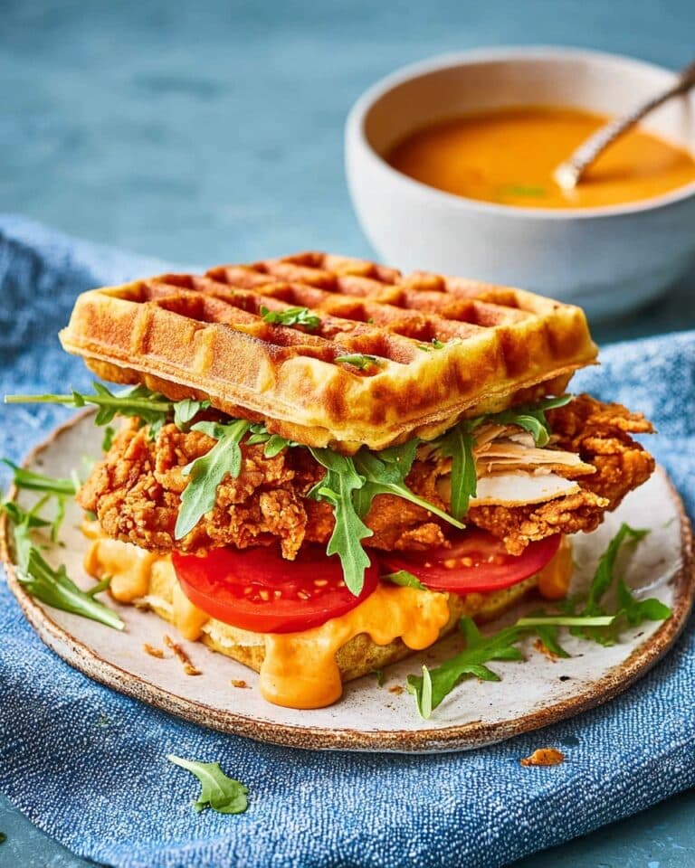 Fried Chicken Waffle Sandwich with Garlic Sauce, Rocket, and Tomatoes Recipe