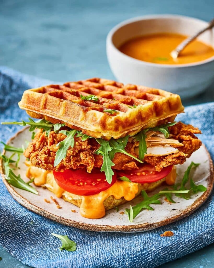 Fried Chicken Waffle Sandwich with Garlic Sauce, Rocket, and Tomatoes Recipe