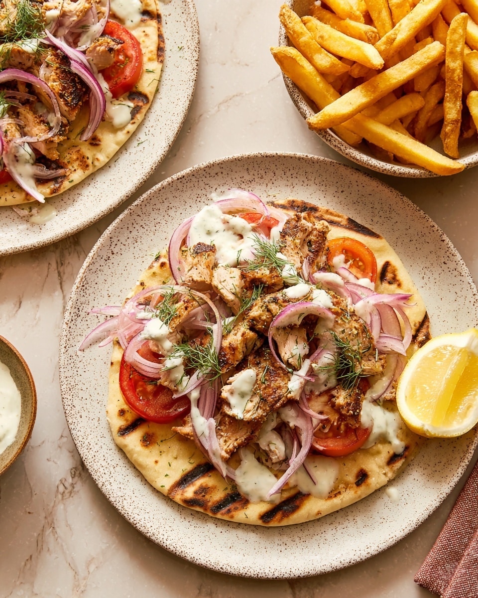 The dish shows a white speckled round plate holding a grilled flatbread as the base layer, light golden with darker char marks. On top, there is a layer of thinly sliced tomato and thin rings of red onion, both fresh and vibrant in color. Next, a generous layer of grilled chicken pieces with a browned, slightly crispy texture is placed, topped with a smooth white sauce drizzled over it. Small green dill sprigs are scattered across all layers. A lemon wedge rests on the side of the plate. The setting includes another similar plate with the same dish and a separate white speckled bowl filled with thick, golden fries on a white marbled surface. Photo taken with an iphone --ar 4:5 --v 7