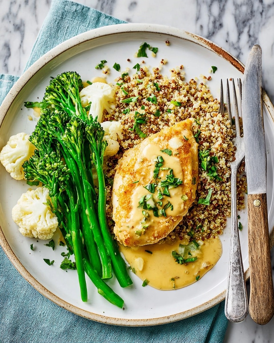 A white round plate holds a meal with four main layers: on the left, there are bright green broccolini and white cauliflower pieces; next to them, a pile of light brown quinoa mixed with small green herbs; on top of the quinoa, a golden-brown cooked chicken breast with a slightly crispy texture; under the chicken, a creamy light yellow sauce with small bits of onion is spread slightly onto the plate. The plate sits on a white marbled surface, and a metal fork and a knife with a wooden handle rest on the right side of the plate. Photo taken with an iphone --ar 4:5 --v 7