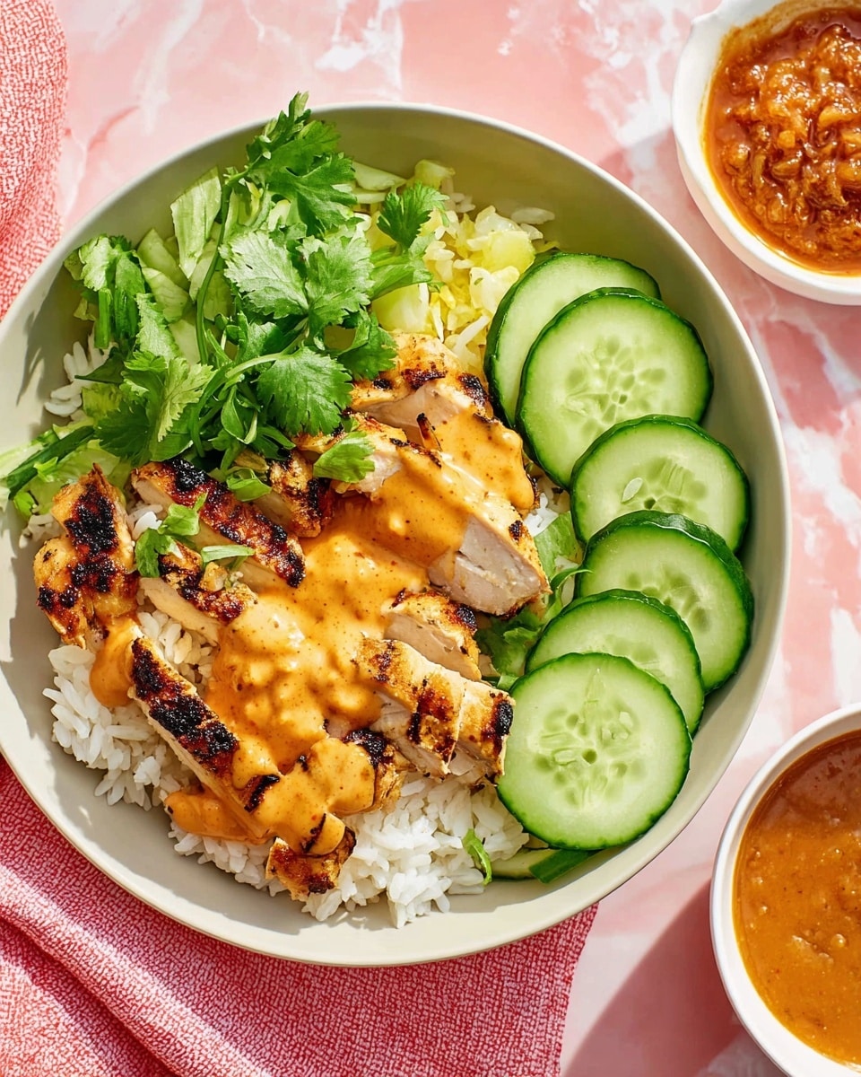 A white bowl contains a meal with three main layers. The bottom layer is a bed of white rice, soft and fluffy. On top of the rice, there are pieces of grilled chicken with a golden-brown color, showing grill marks and slightly charred edges. The chicken is drizzled with an orange sauce that looks creamy and smooth. On one side of the bowl, there is a neat pile of thinly sliced green cucumber, fresh and crisp. Fresh green cilantro leaves are scattered on top of the chicken for garnish. To the side, a small white bowl holds an orange-brown chunky sauce. Everything sits on a white marbled surface with a pink cloth nearby. photo taken with an iphone --ar 4:5 --v 7