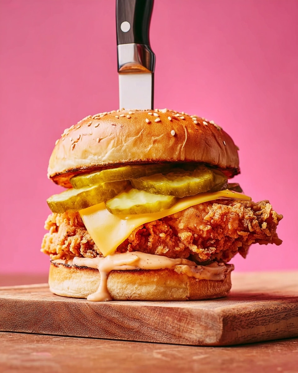 A large chicken sandwich sits on a wooden board against a pink background with a knife stabbed into its top. The sandwich has four visible layers: at the bottom, a toasted bun with a light golden brown color and a smear of creamy sauce; above it, a thick, crispy fried chicken fillet with a rough and crunchy texture in a deep golden tone; on top of the chicken, a slice of melted yellow cheese laid flat; then several long slices of bright green pickles stacked and slightly bent; finally, topped with a shiny toasted sesame seed bun with a smooth and glossy surface. Photo taken with an iphone --ar 4:5 --v 7
