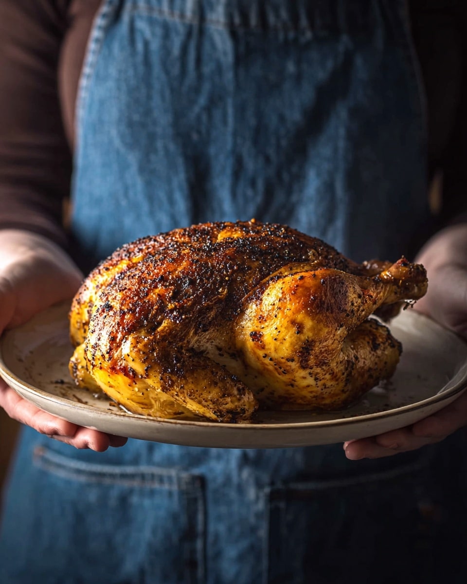 A whole roasted chicken with crispy golden brown skin covered in small black specks of spices sits on a large white plate. The chicken's legs are tucked in close to the body and the skin looks shiny and textured from roasting. A woman’s hands hold the plate gently from both sides. The person wearing a dark blue denim apron and a dark long sleeve shirt stands against a softly blurred background. The overall scene has warm lighting enhancing the rich golden tones of the chicken. Photo taken with an iphone --ar 4:5 --v 7