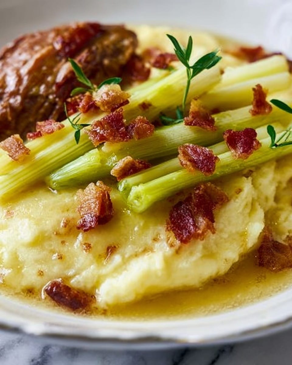 A close-up view of a white plate with creamy mashed potatoes as the base layer, smooth and light yellow in color. On top of the mashed potatoes, there are glossy, soft pale green celery stalks placed diagonally. Small pieces of crispy, browned bacon bits are scattered evenly over the celery and mashed potatoes. Next to the mashed potato layer, a portion of browned cooked meat is visible with a shiny glaze. The background is a white marbled surface. Photo taken with an iphone --ar 4:5 --v 7