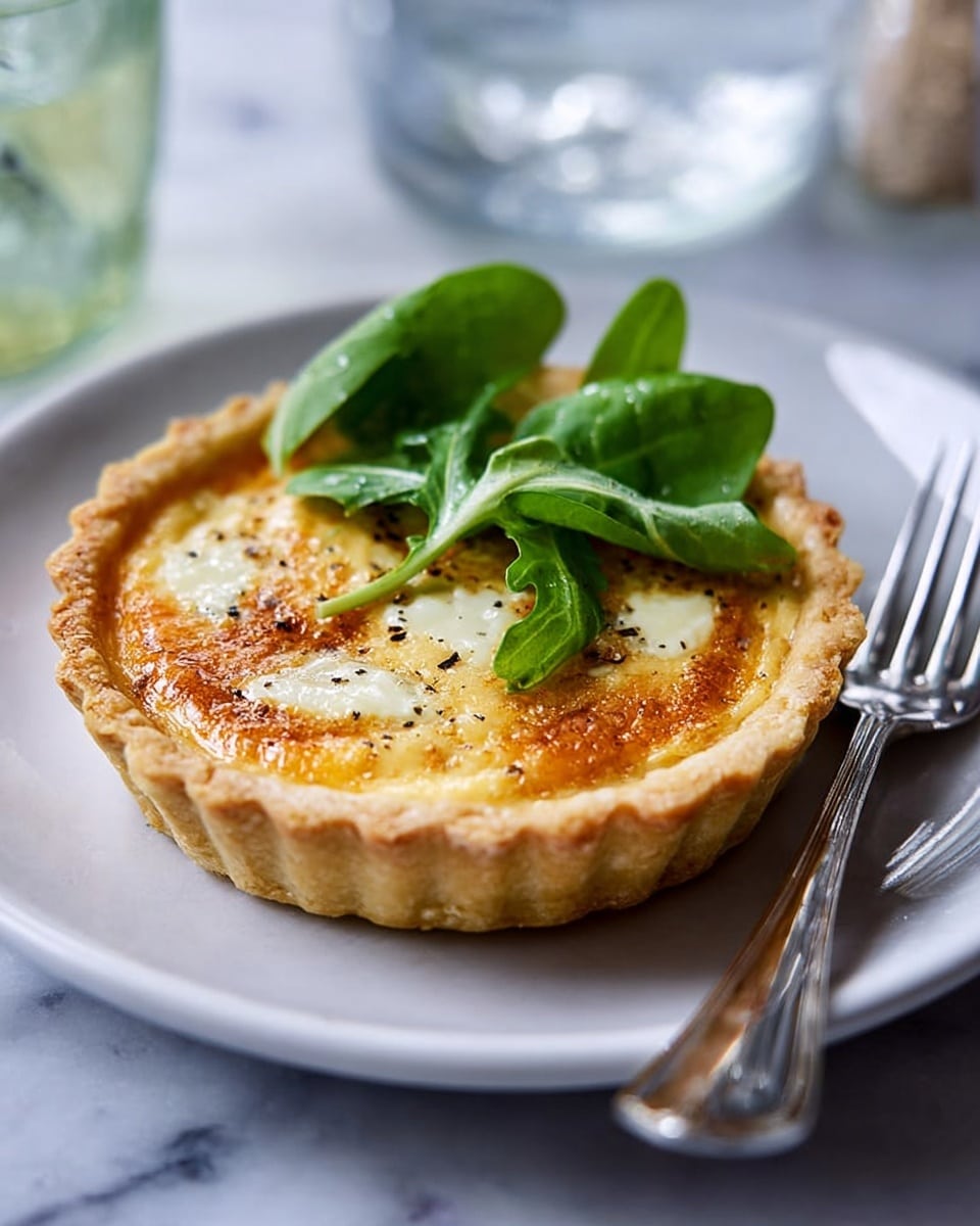 A single small tart sits on a white plate, with a golden-brown crust that holds a smooth creamy filling showing a slightly browned top. On the filling, there are some small white patches of melted cheese and a light sprinkle of black pepper. A few fresh green leafy salad pieces rest on top of the tart near the center. A shiny silver fork lies on the plate’s right side, and the background shows a white marbled texture with a blurred glass jar and water glass behind. Photo taken with an iphone --ar 4:5 --v 7